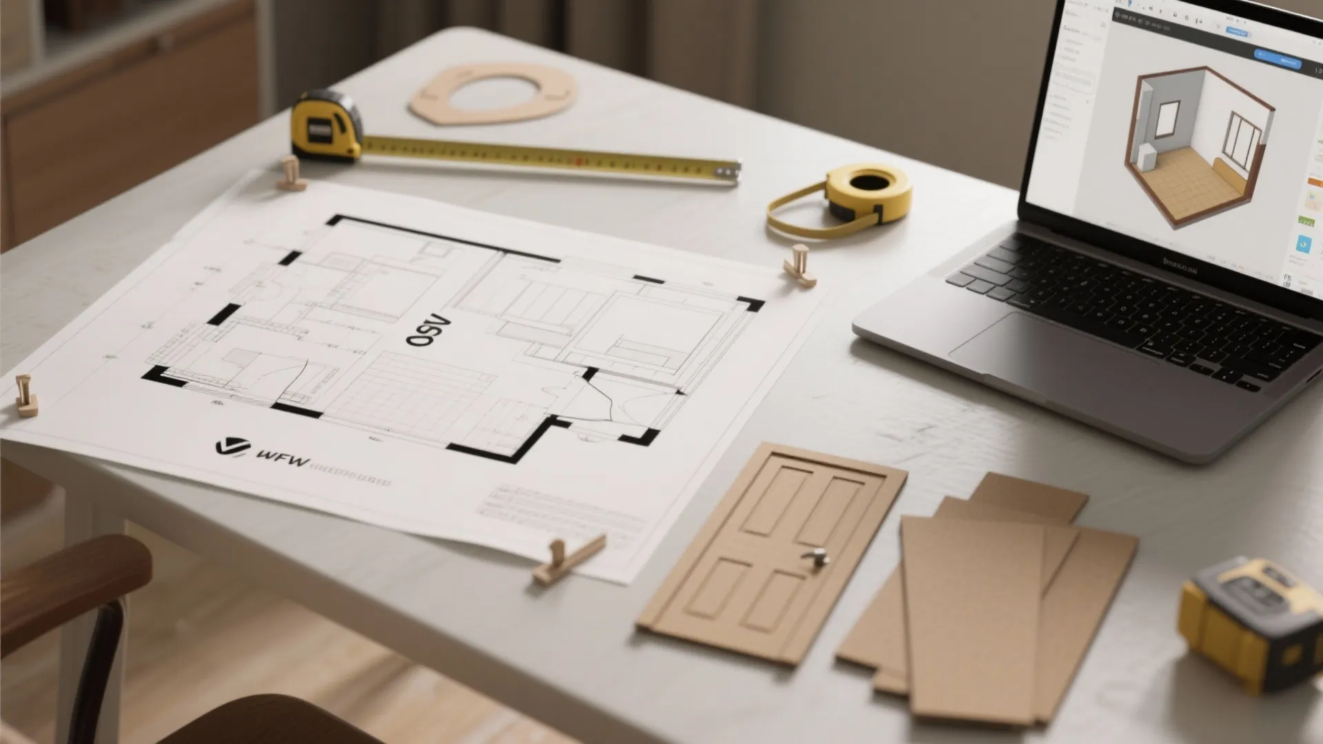 Desk with paper floor plan laptop showing 3D room design measuring tape and door models
