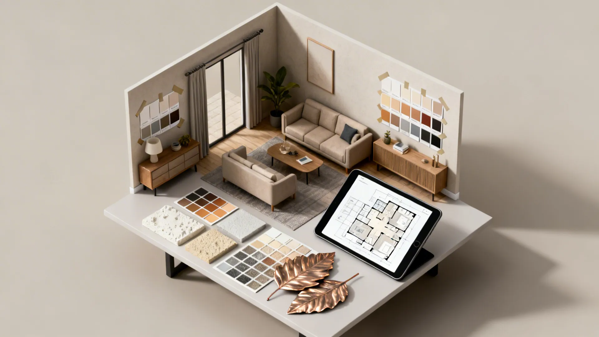 Top-down mockup of a living room with paint swatches, material samples, and a 3D floor planner on tablet.