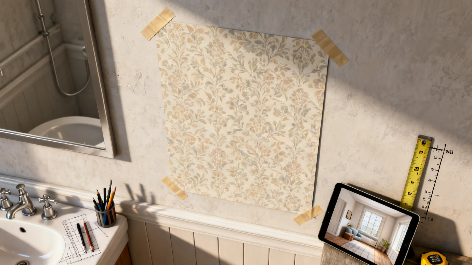 Top-down view of a taped full-size wallpaper test panel and a tablet with a digital room mockup for scale checking.