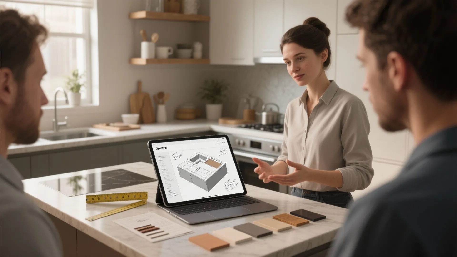 Designer showing kitchen room layout on a tablet to clients in a modern home interior