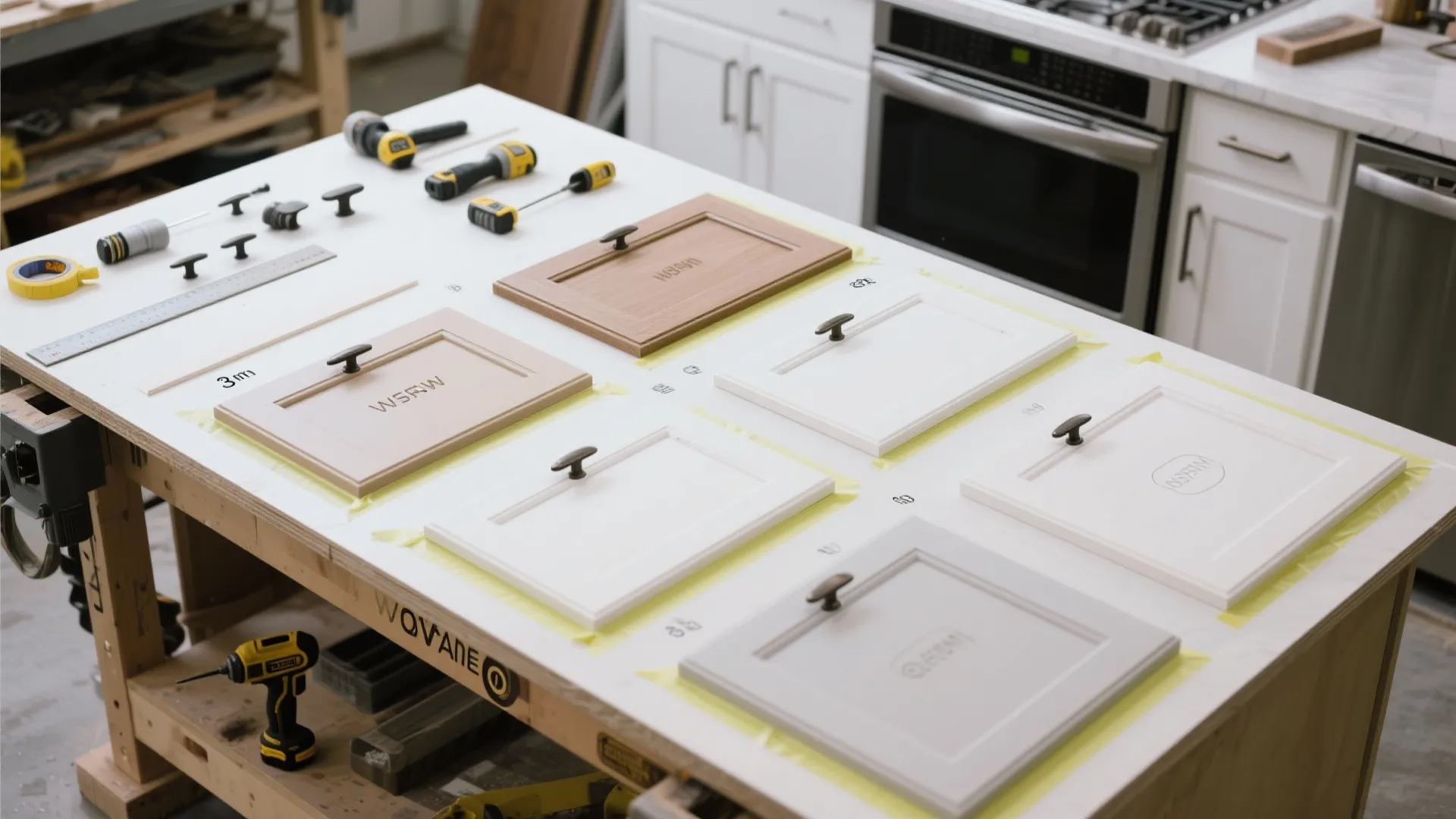 Workbench displaying various cabinet door samples with handles, tools, and a drill for home renovation