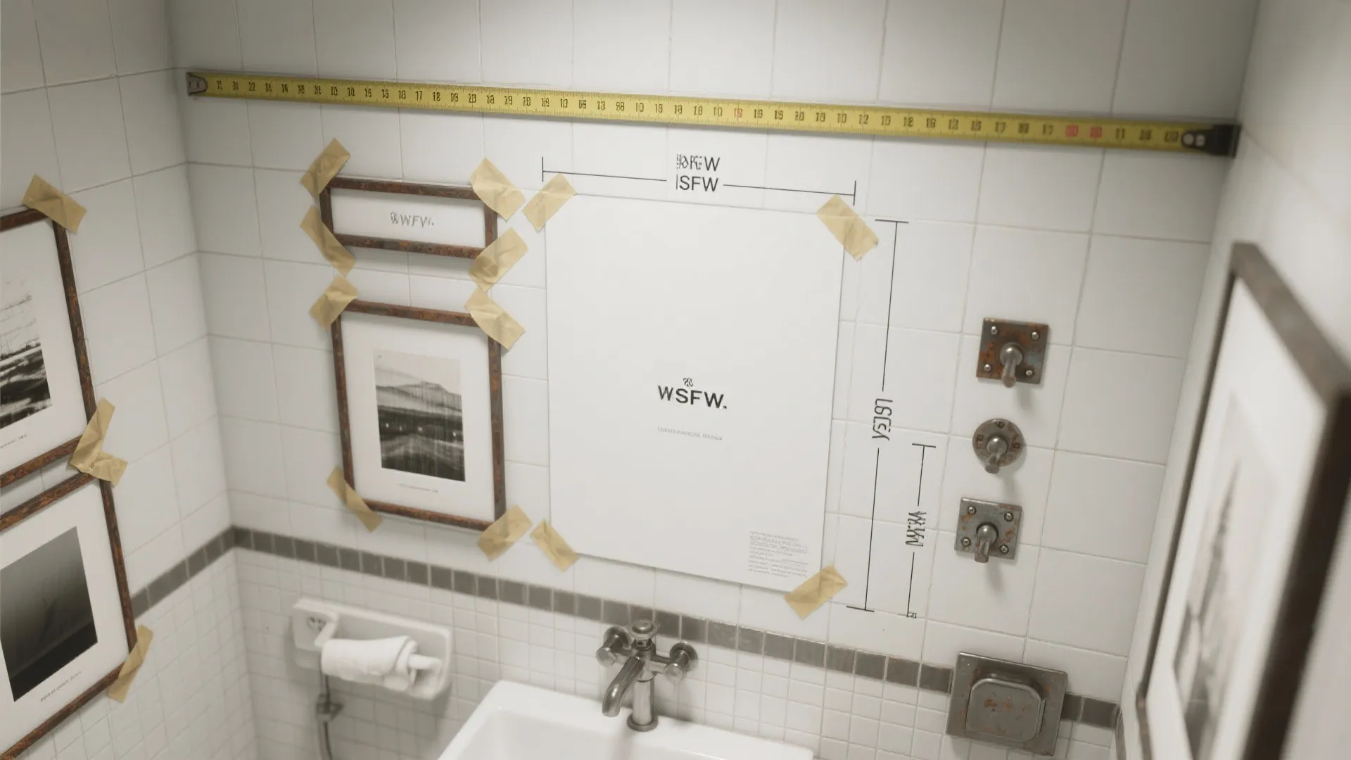 Top-down mockup showing tape outlines and hardware samples used to test art placement in a bathroom