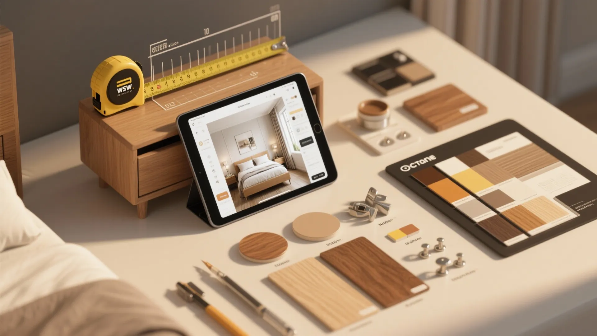 Tablet showing bedroom interior design surrounded by measuring tape and many colorful wood material samples