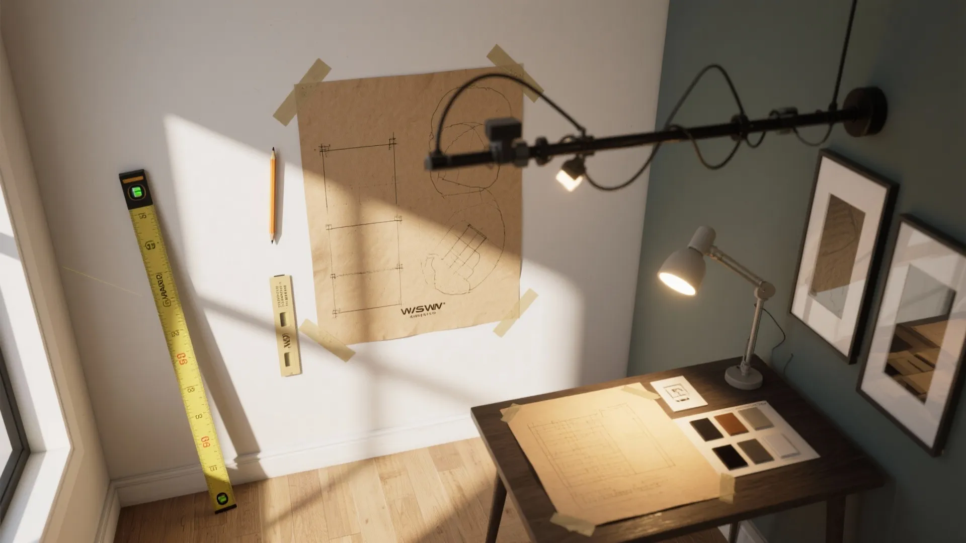 Home office desk with sketches white table lamp wall light and design drawings on wall