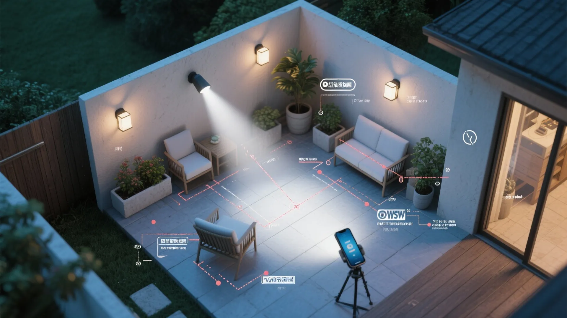 Interior design drawing of a patio showing outdoor furniture and light fixture layout with measurements