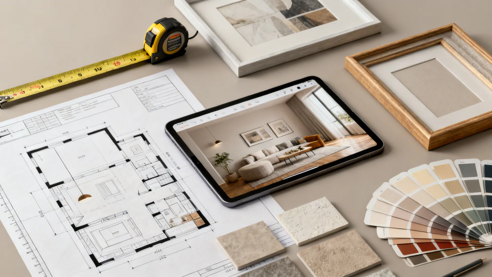 Interior design workspace with paper floor plan tablet showing room drawing color swatches and samples