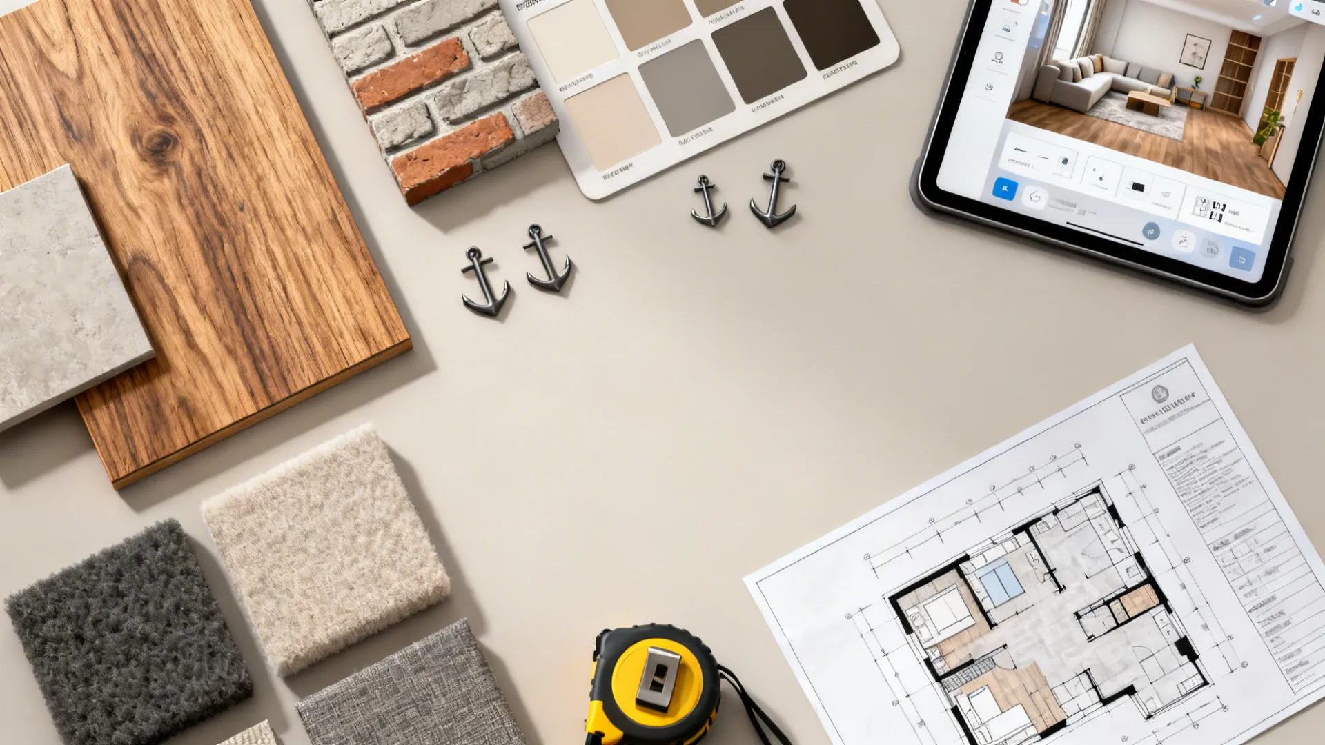 Flatlay of material swatches, anchors and a room plan for cinder block makeover planning.
