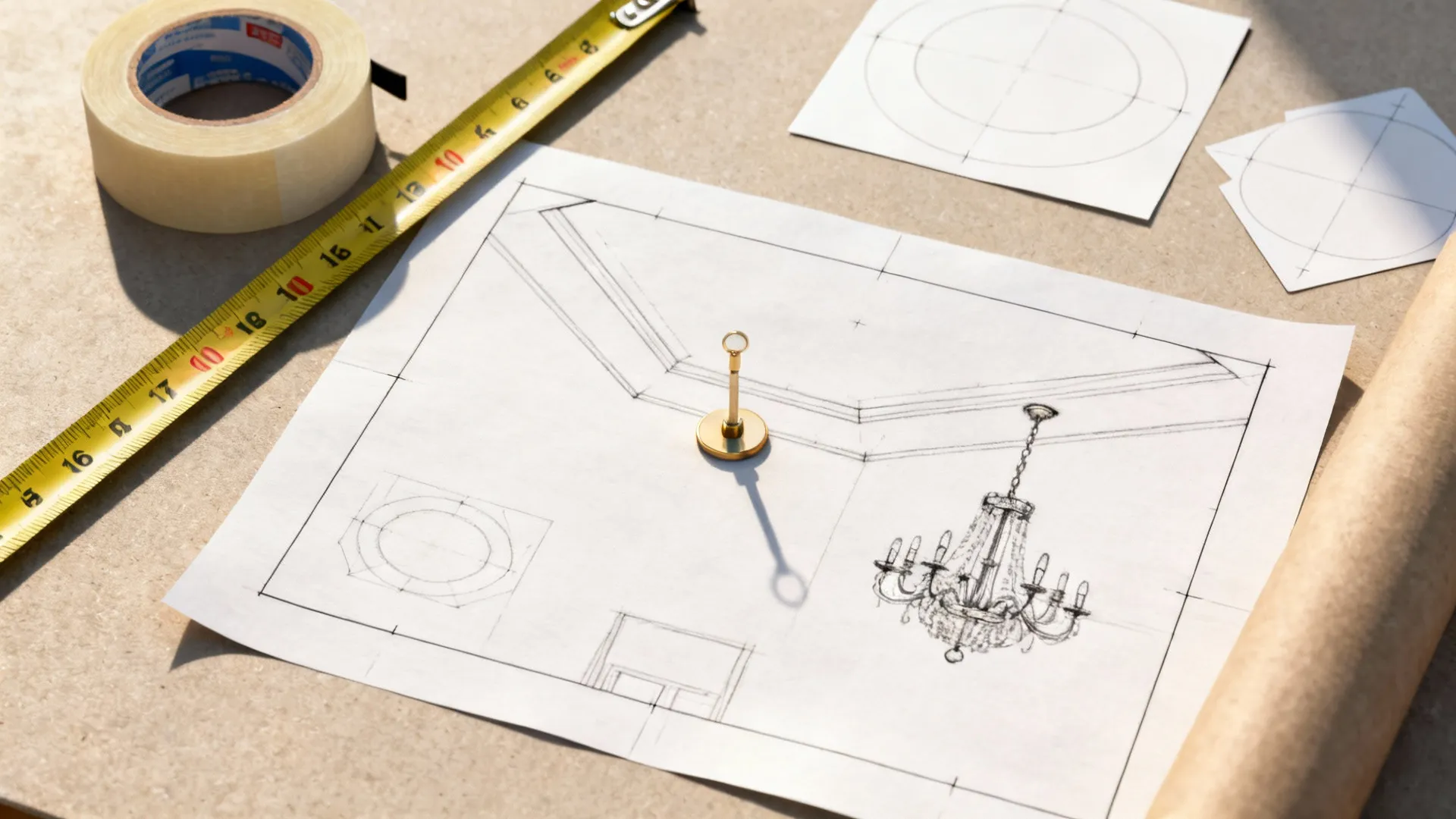 Flatlay of painter's tape templates, measuring tools and paper cutouts used to mock chandelier scale