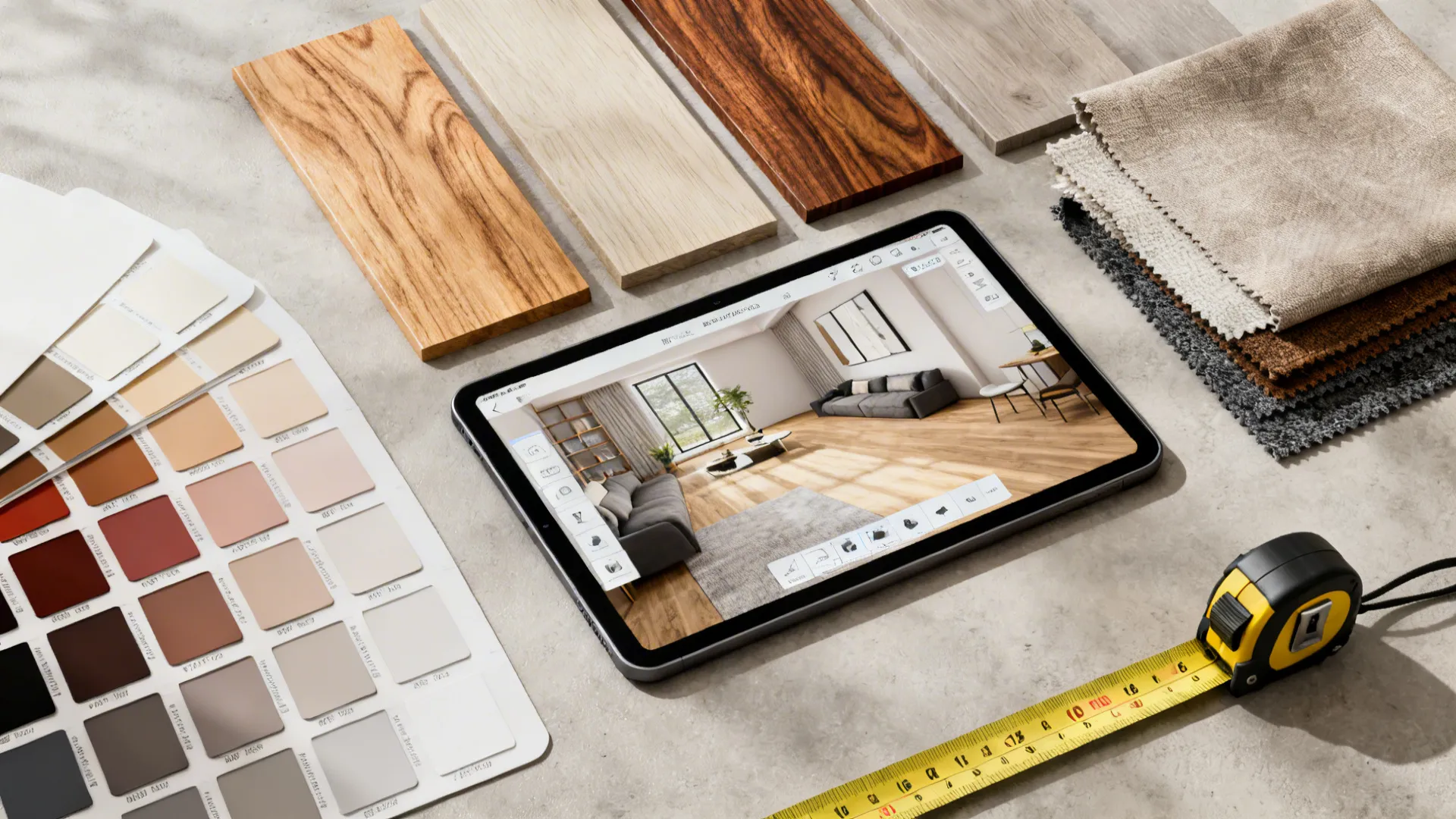 Flatlay of color swatches, wood samples, measuring tape, and a tablet showing a room planner.