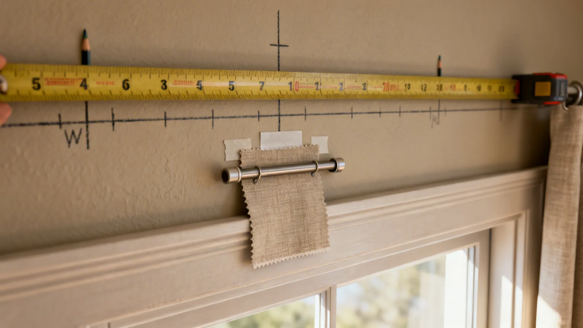 Measuring tape and fabric swatch taped to a wall above a window showing how to mock up curtain height.