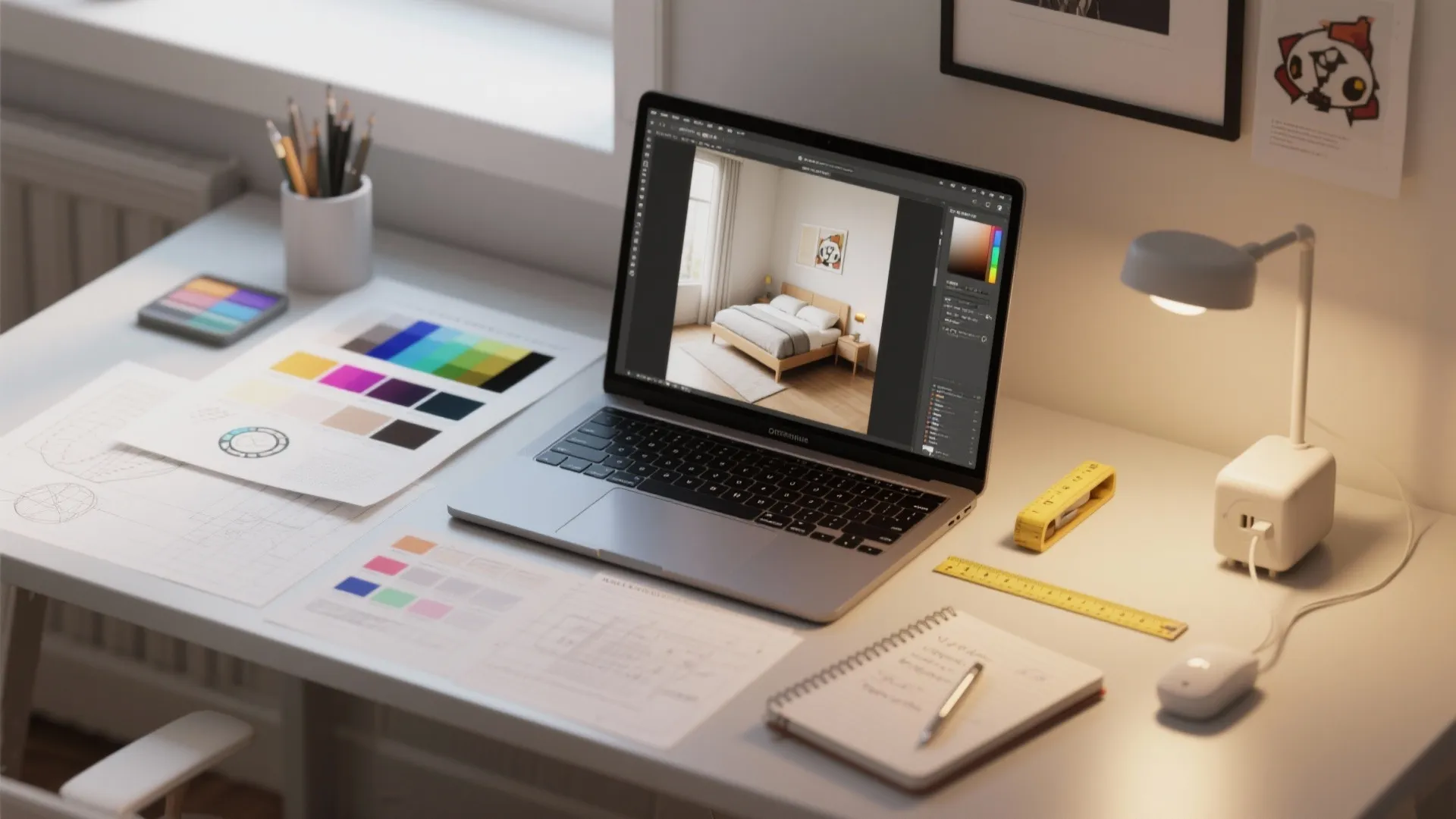 Laptop showing bedroom interior design drawing on white desk with color palettes and desk lamp