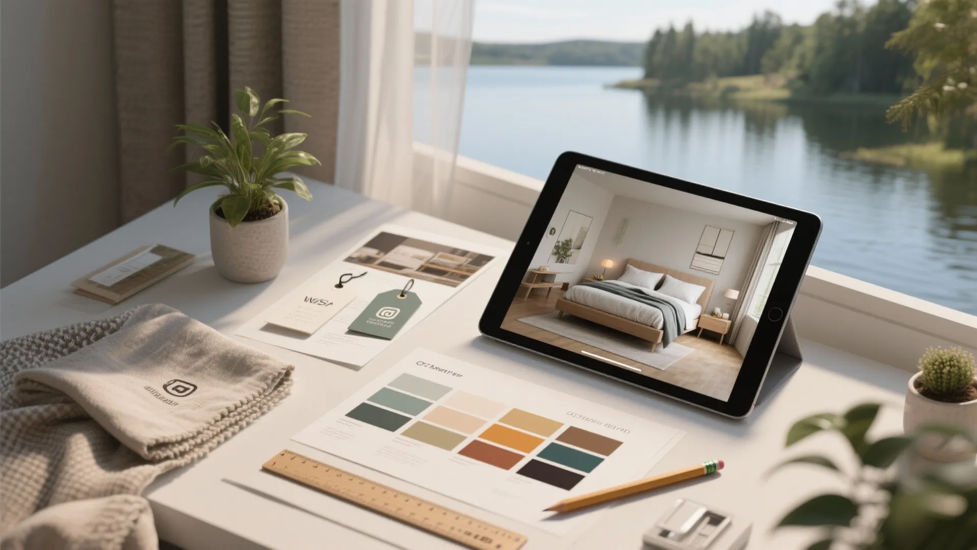Work desk with tablet showing bedroom interior design plus color samples by a sunny window