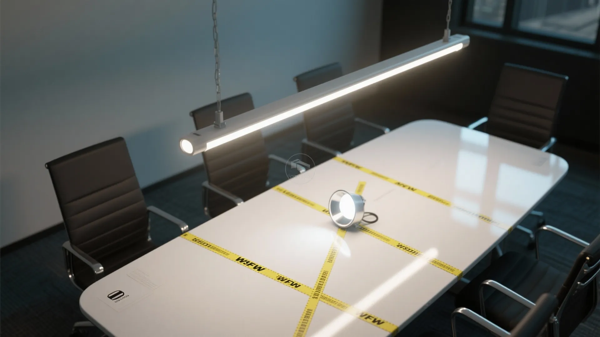 On-site lighting mockup showing temporary fixtures and layout markings over a conference table.
