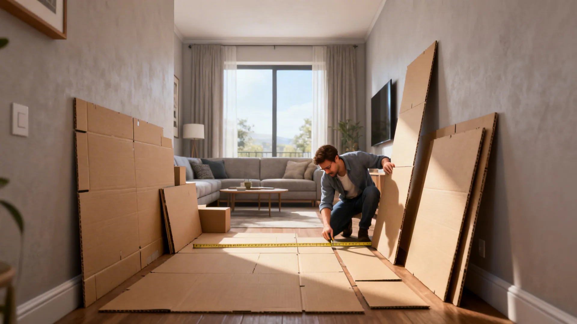 Designer testing cardboard mockups and temporary panels in a living room to check scale