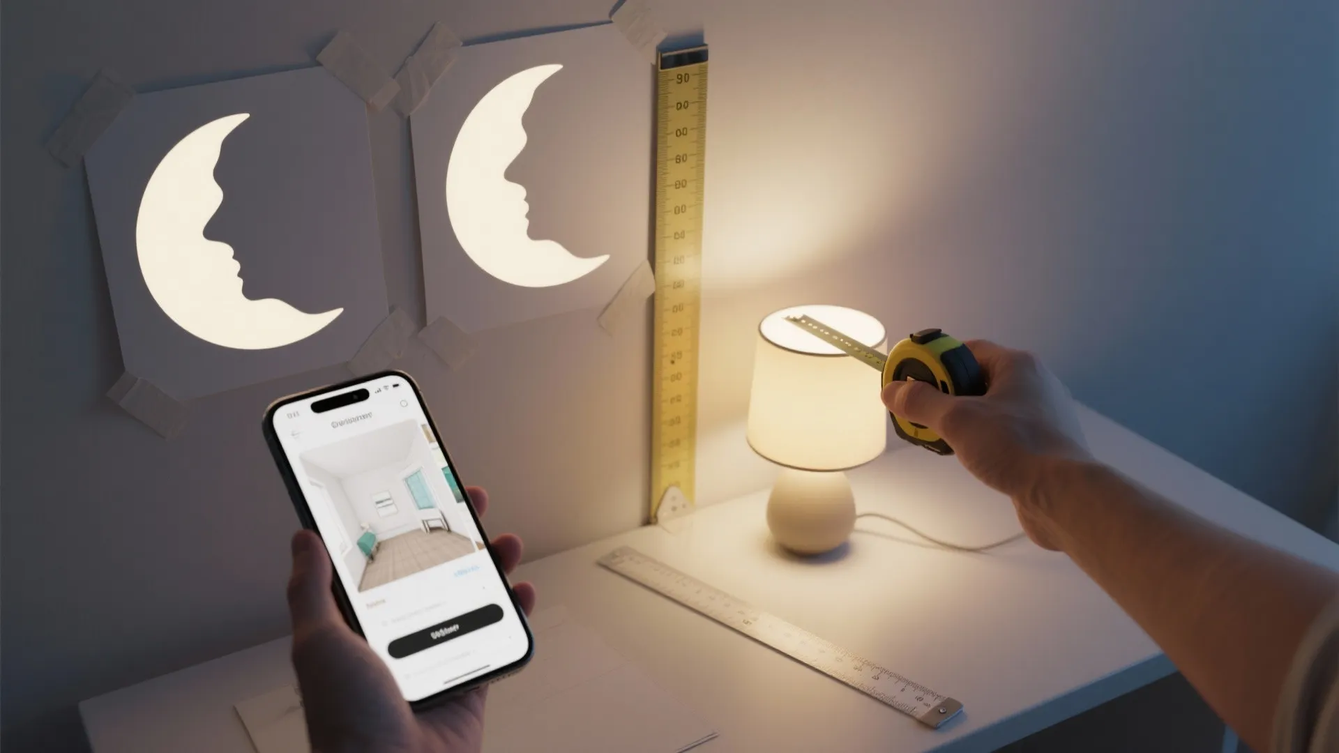 Paper cutout moon silhouettes taped to a wall with measuring tape and a phone showing a room planner app.