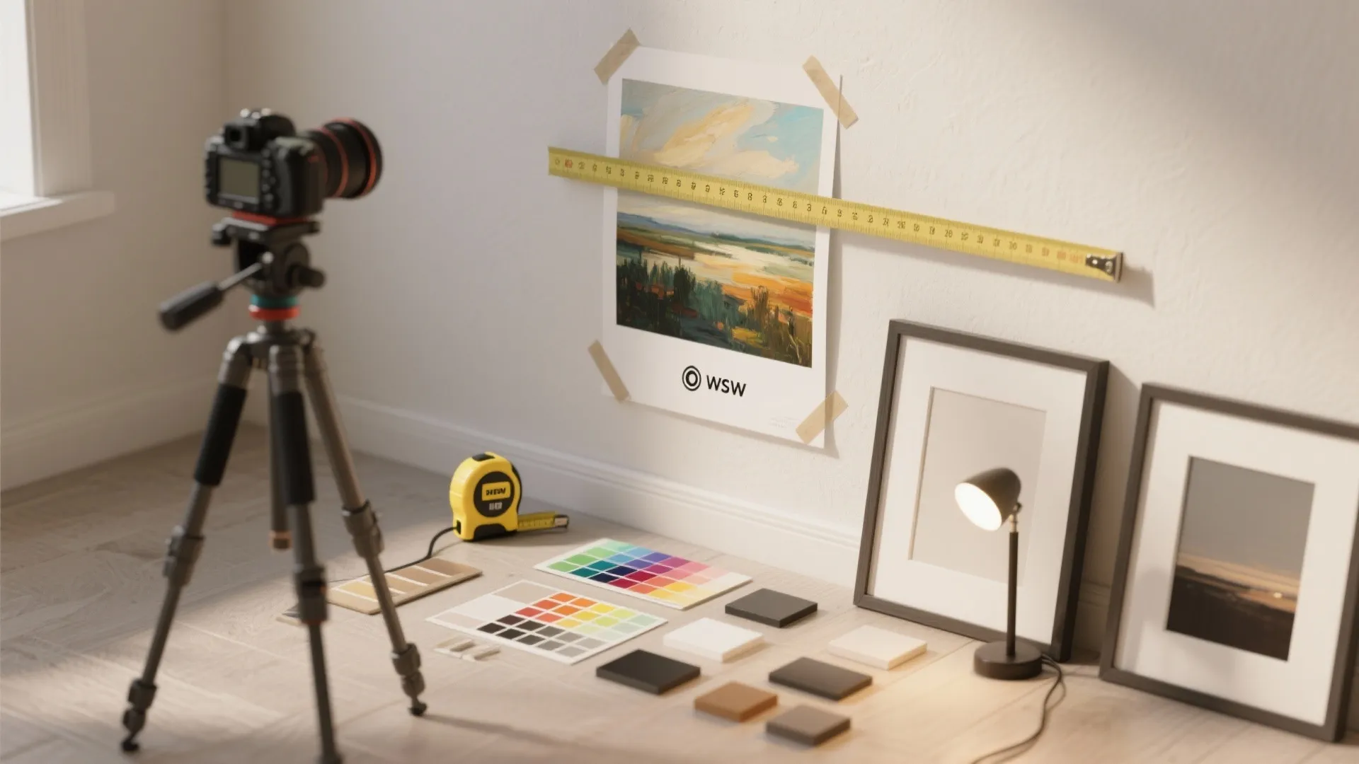 Flatlay of scaled mock-up print, measuring tape, camera and color swatches used for planning art placement.