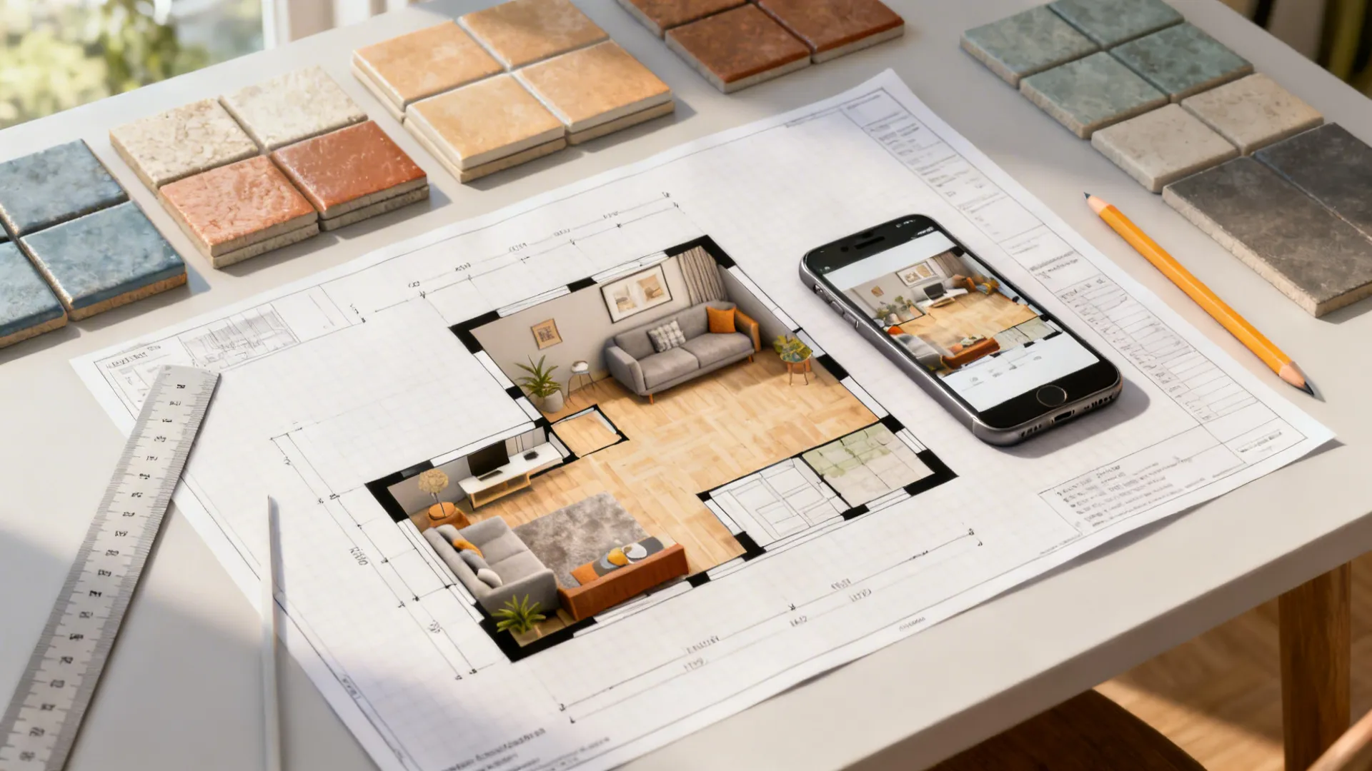 Top-down mockup of a small living room floor plan with tile samples and digital planner visible