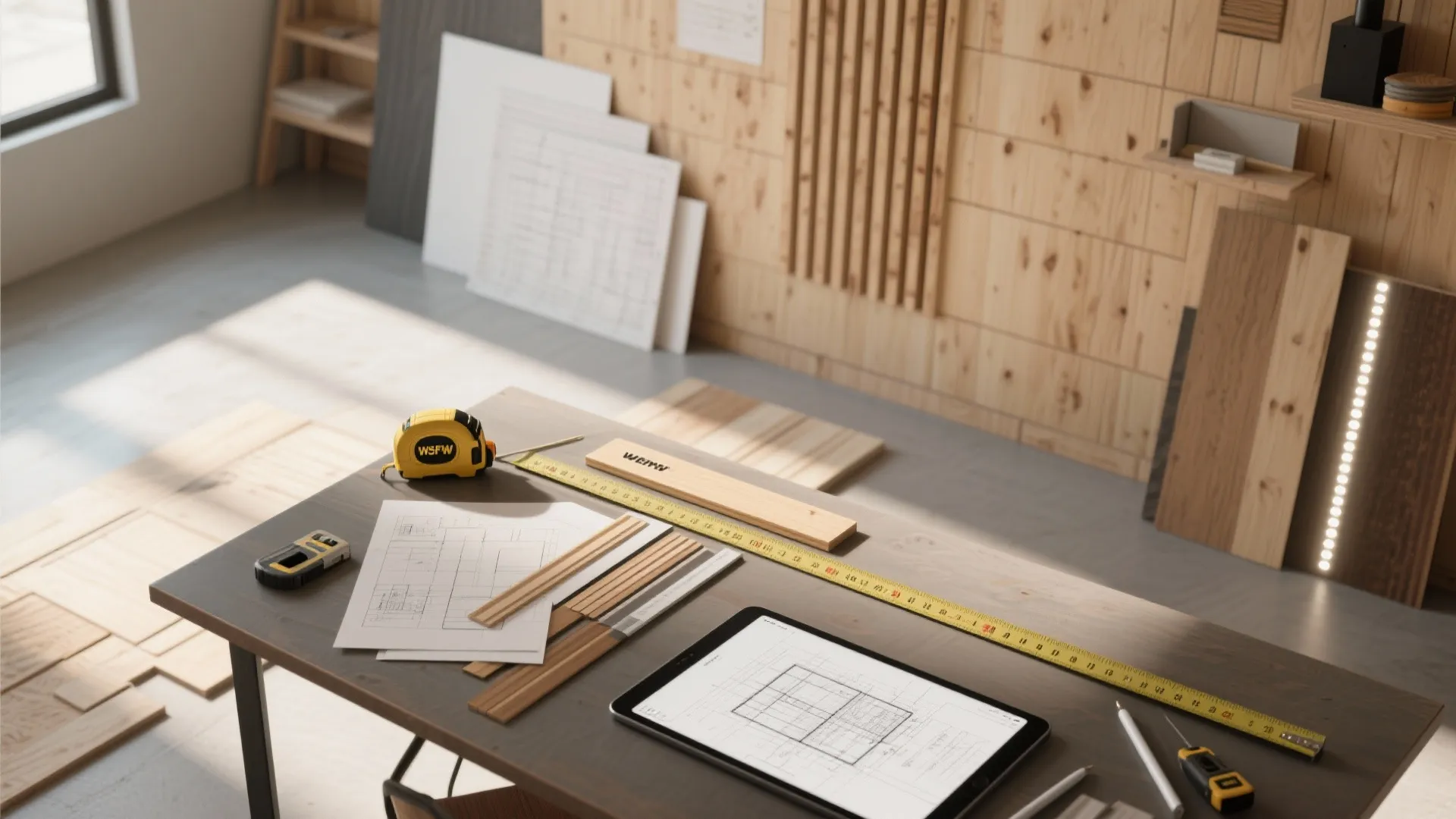 Interior design drawing on tablet and paper with tape measure on a dark wooden table