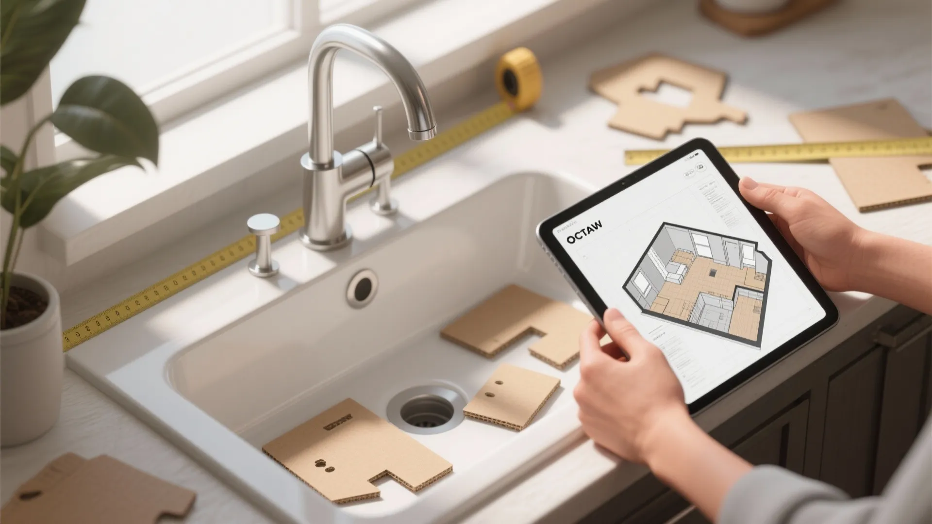 Person holding tablet with room layout near kitchen sink with measuring tape and cardboard models