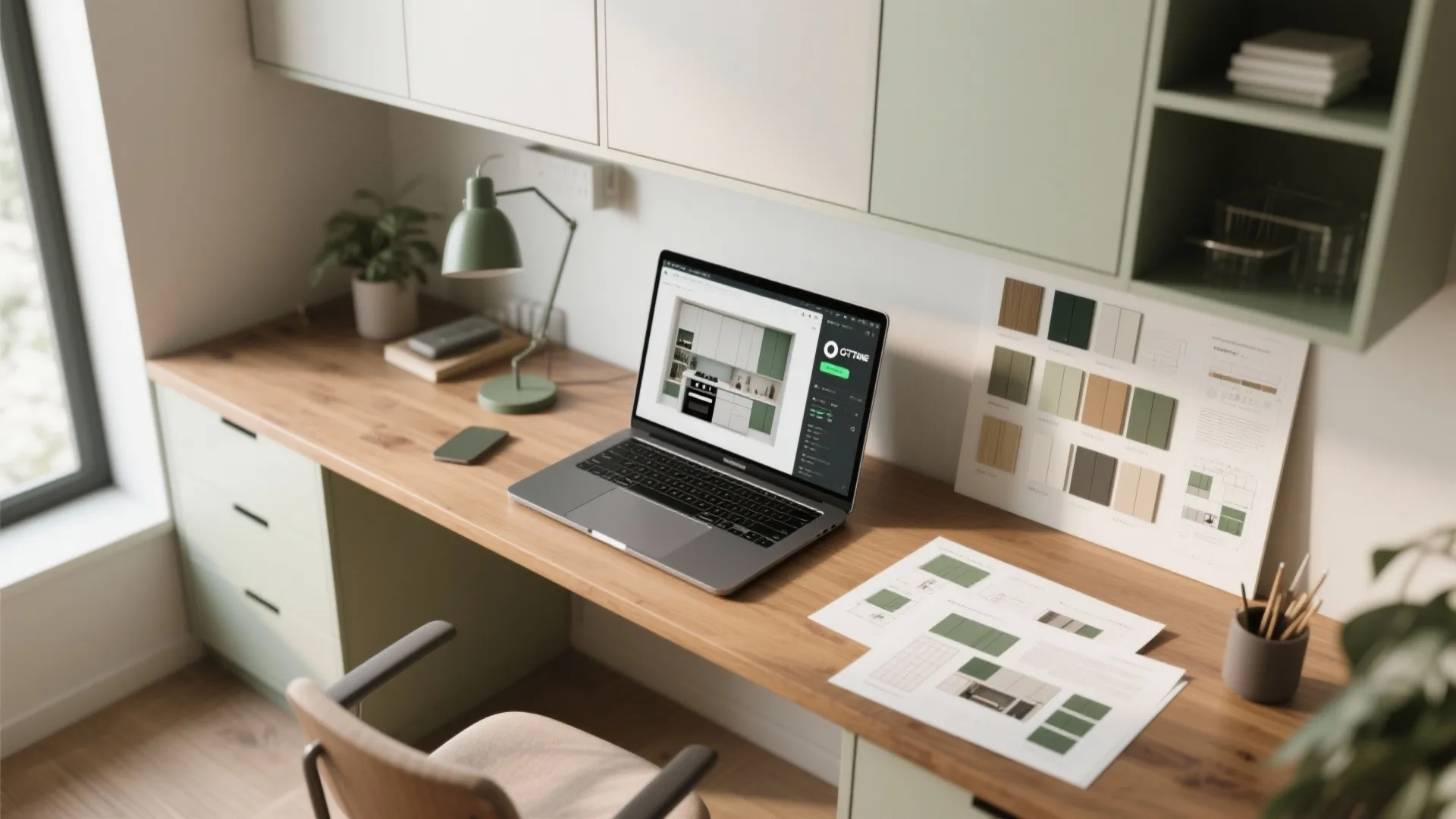 Laptop on wooden desk showing kitchen design software with mood boards and green desk lamp