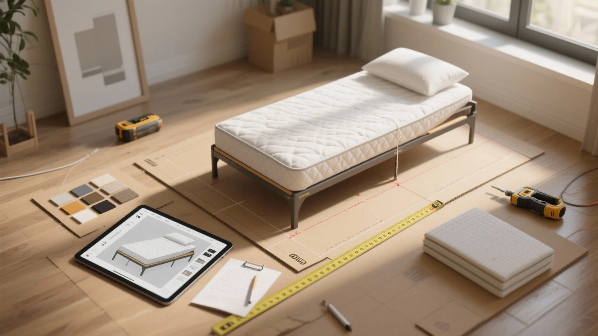 Top-down view of a folding-bed mockup process with cardboard templates, measuring tape, and a 3D layout on tablet.