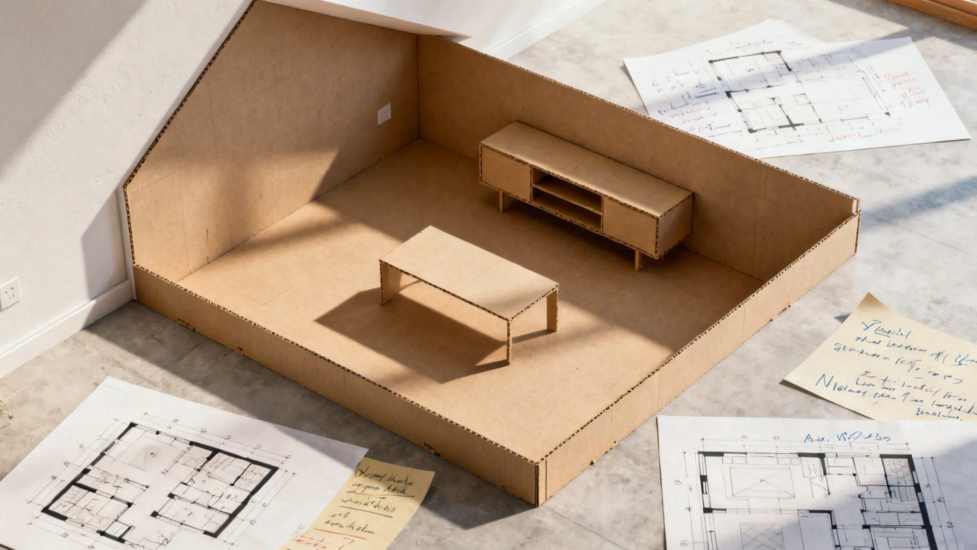 Cardboard room model with small furniture surrounded by several paper interior design drawing floor plan sheets