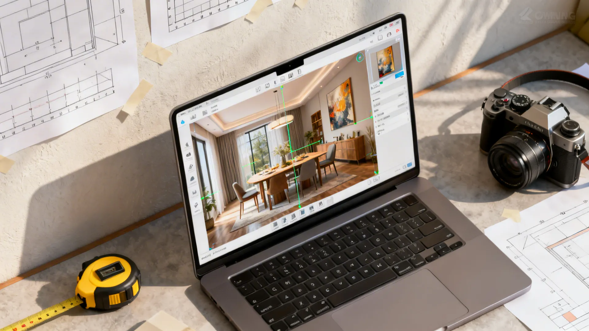 房间规划器在笔记本上的数字模拟、纸质模板与测量工具并排展示，用以测试艺术与家具比例