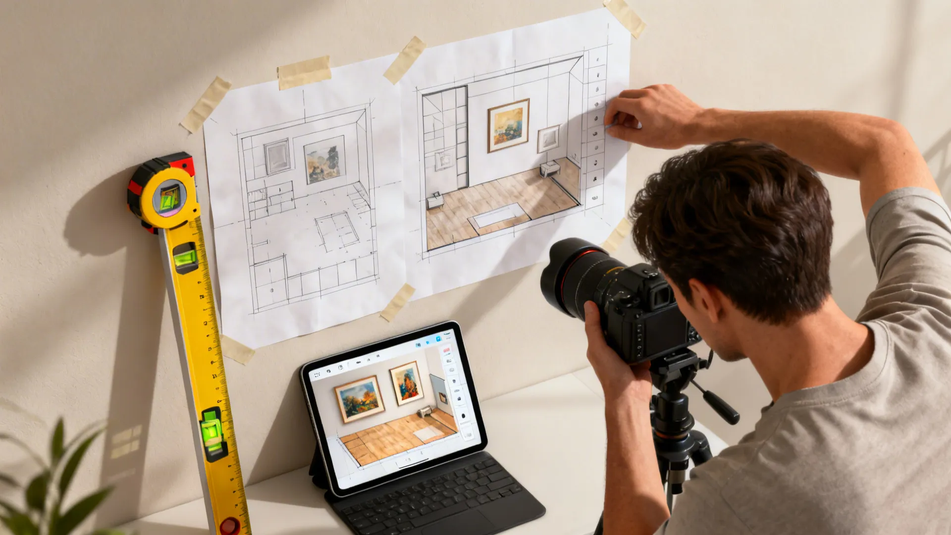 Top-down view of paper templates, measuring tools and a tablet with a floor-planner app for previewing art arrangement.