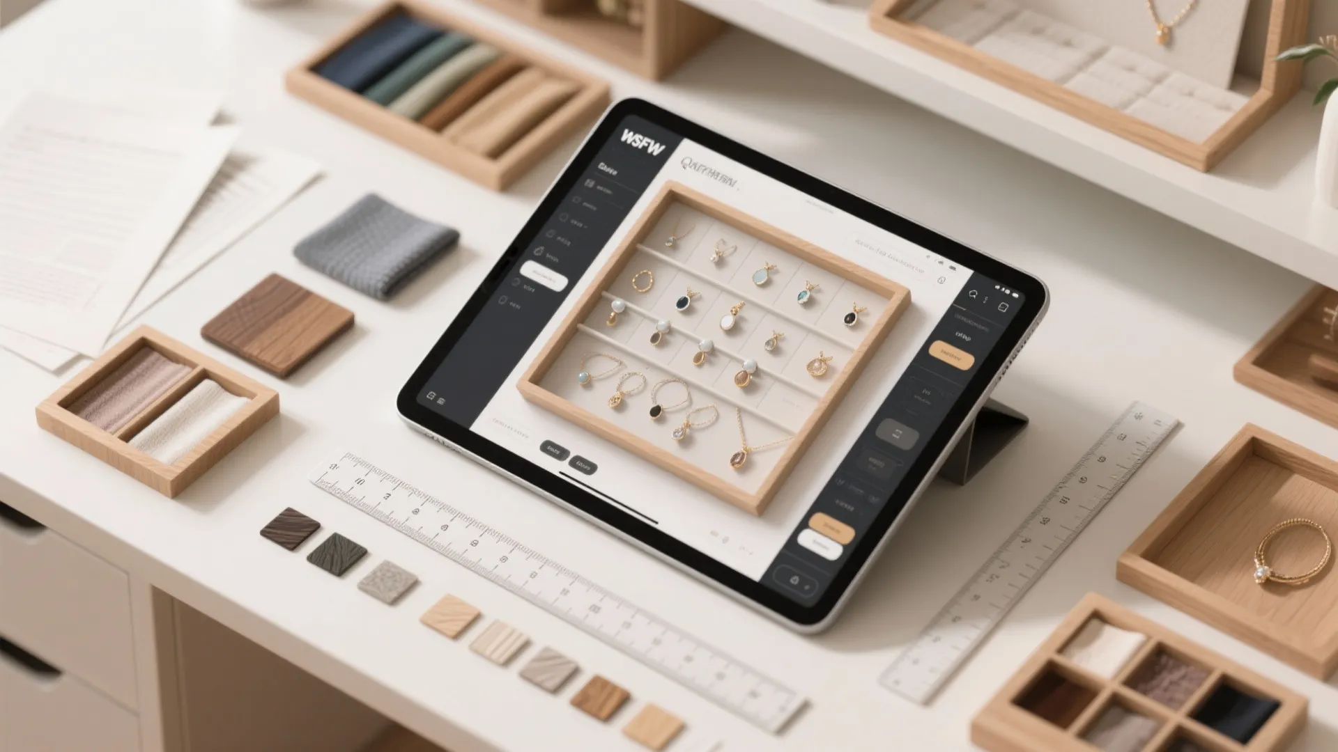 Tablet showing jewelry design software on desk with wood samples and rulers for home project