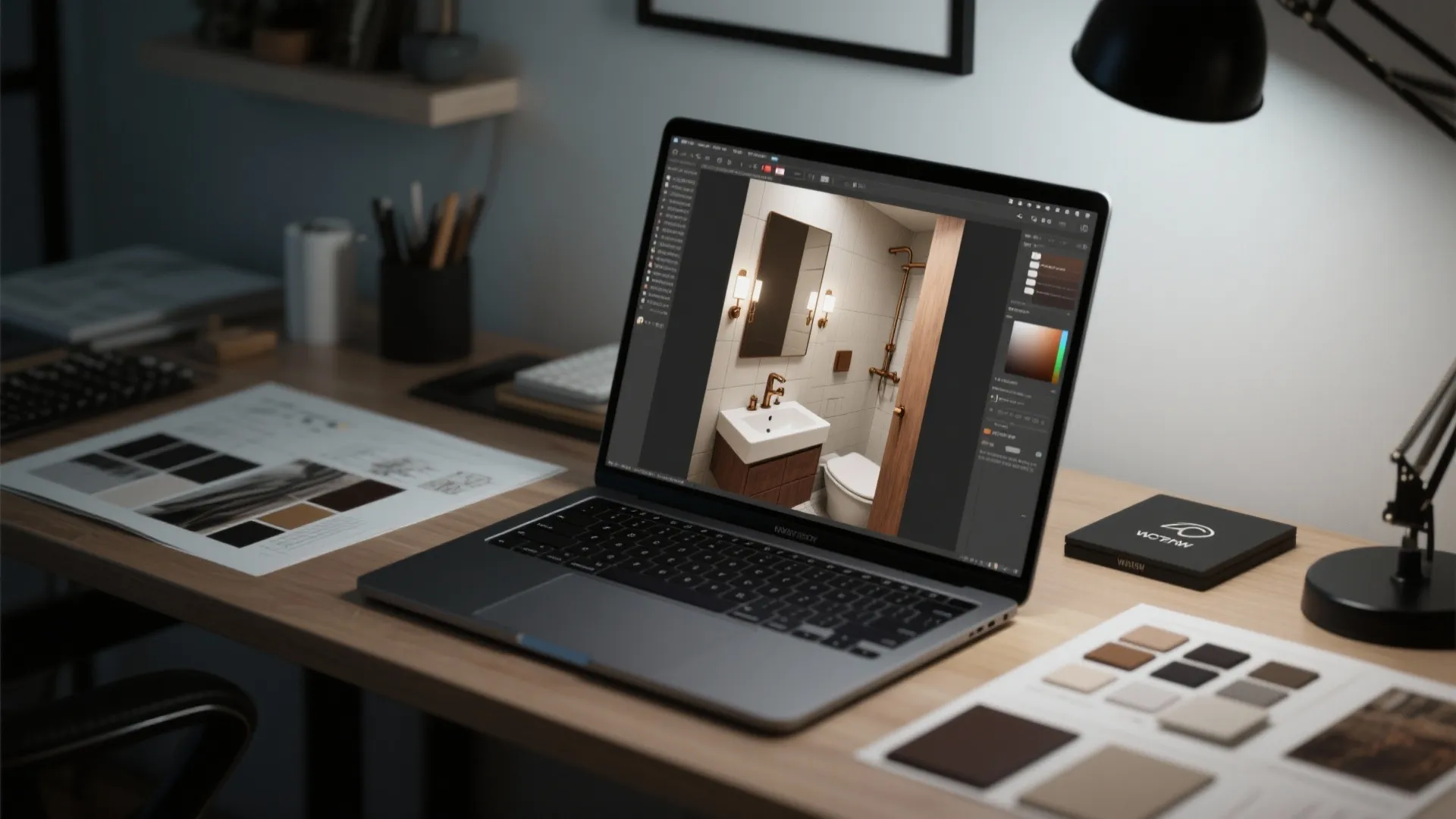 Laptop on wooden desk displaying interior design drawing software with small bathroom and color swatches