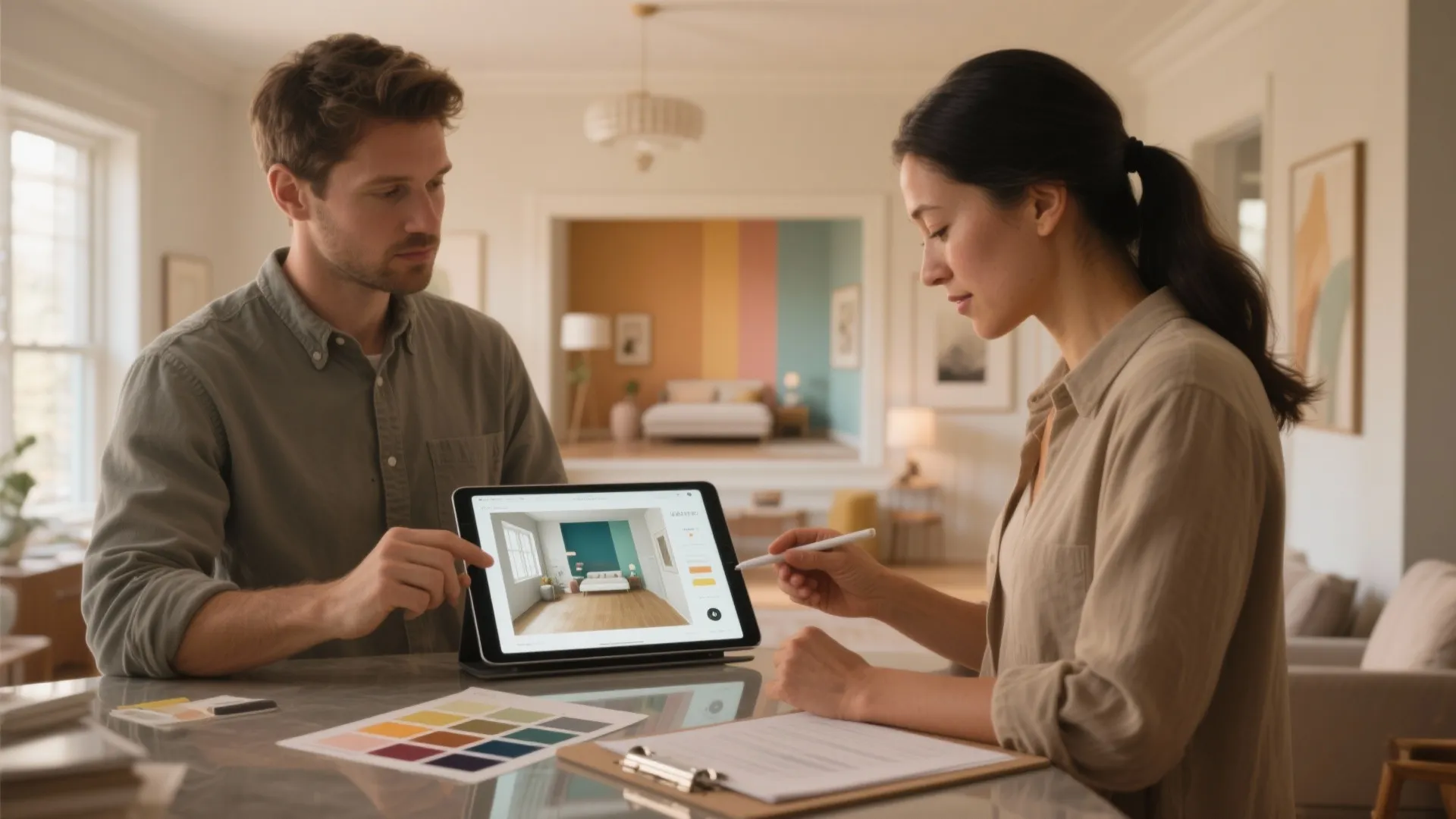 Client and painter reviewing a 3D color mockup on a tablet to prevent rework.