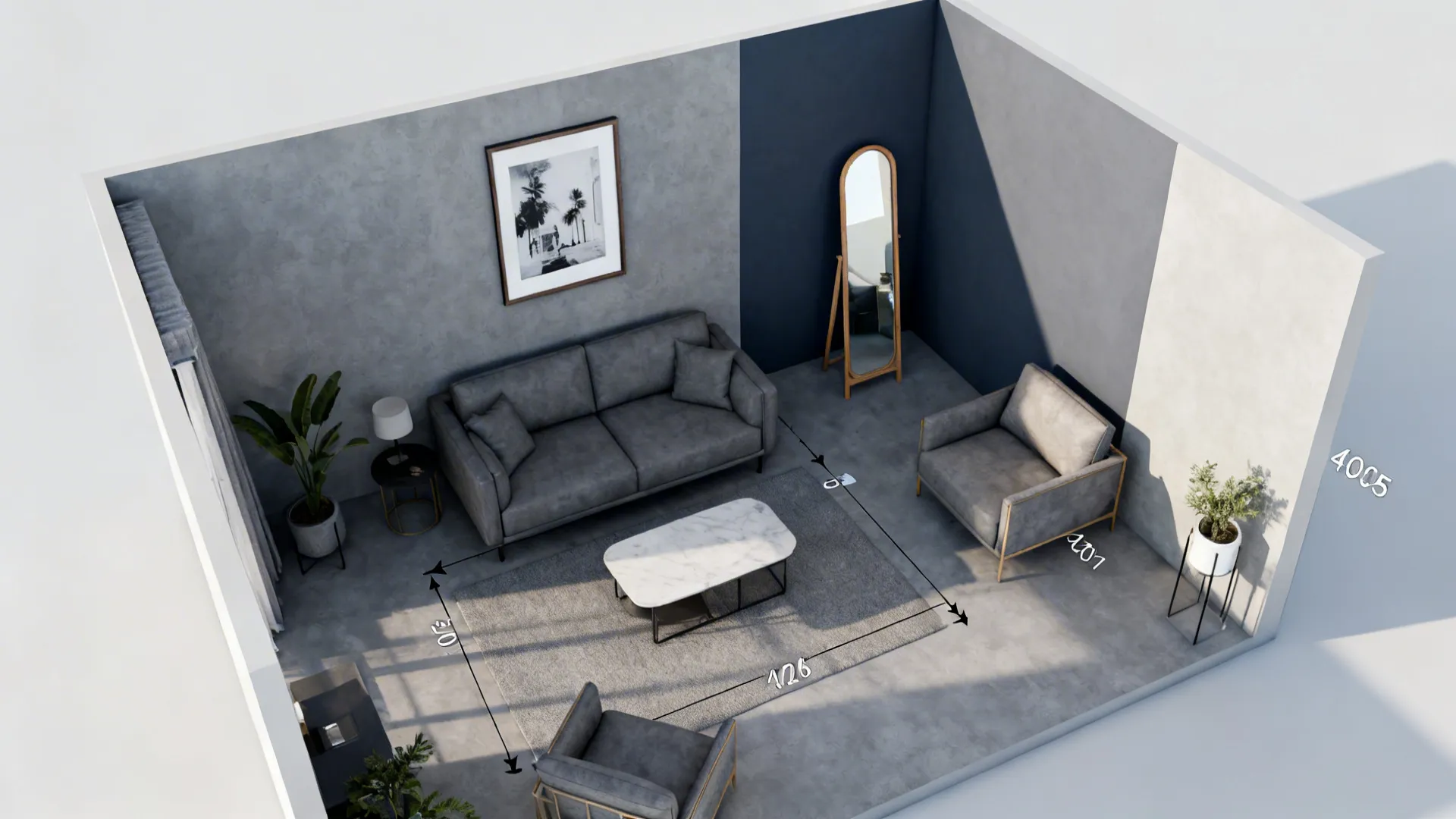 Top-down mockup of a grey living room testing an accent wall with a print and mirror