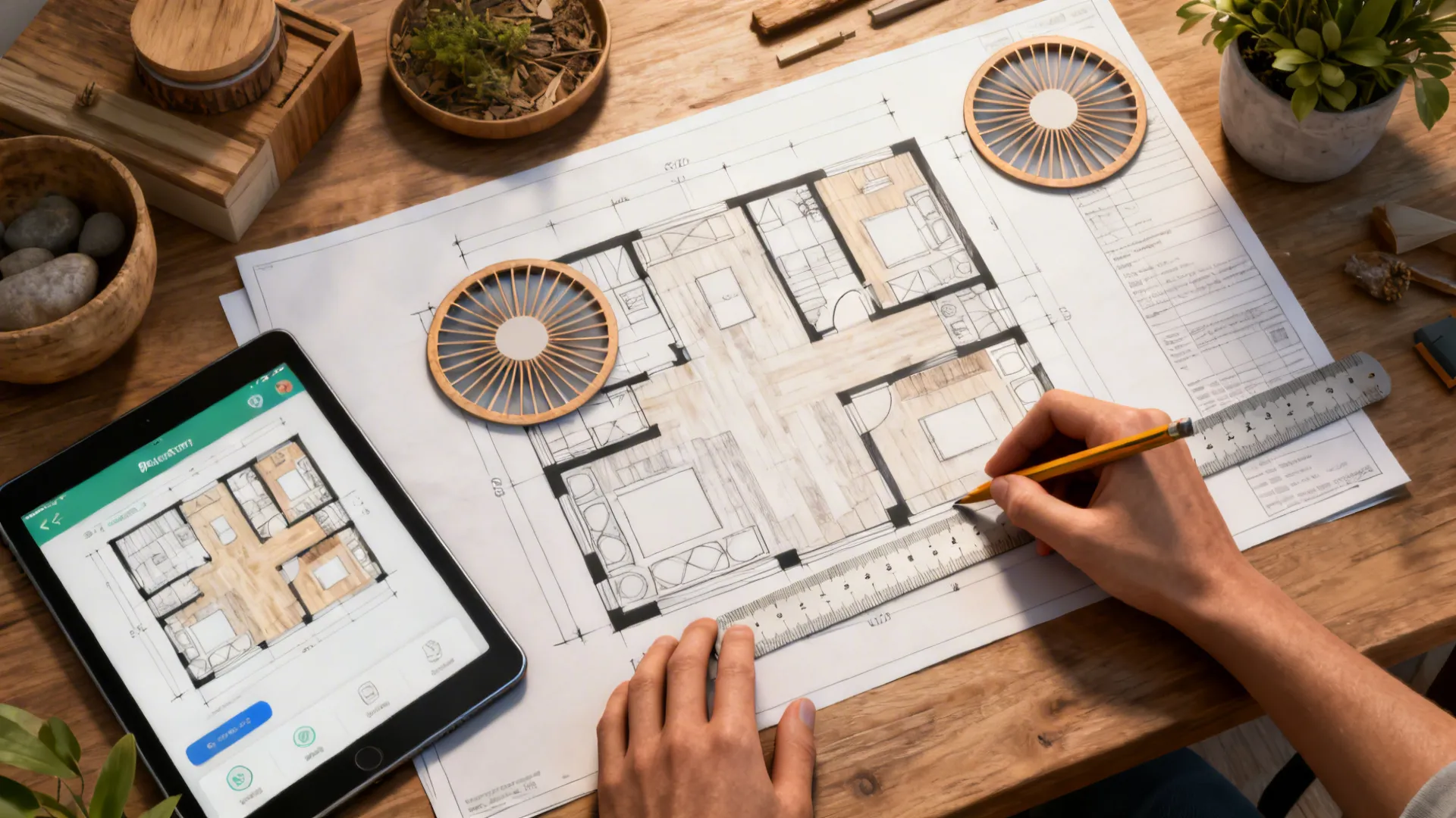 Designer sketching scaled room plan with fan overlays and a tablet showing a room planner