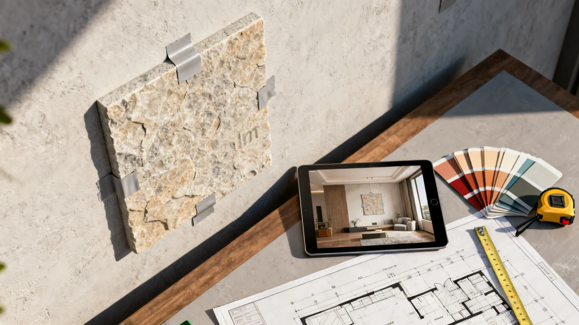 On-site 1x1m stone sample taped to a wall with planning tools and digital room plan on a tablet.