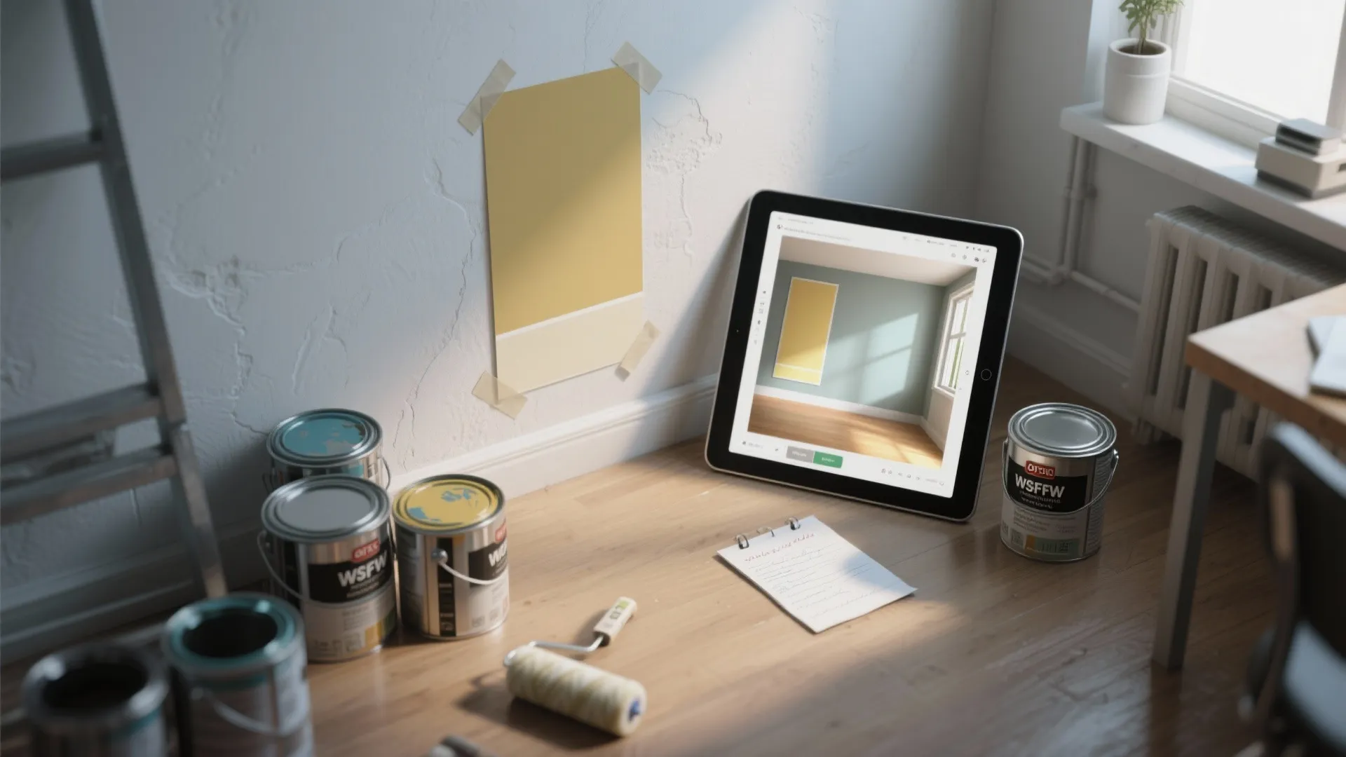 Tablet showing interior design drawing next to paint cans, yellow wall sample, and a roller