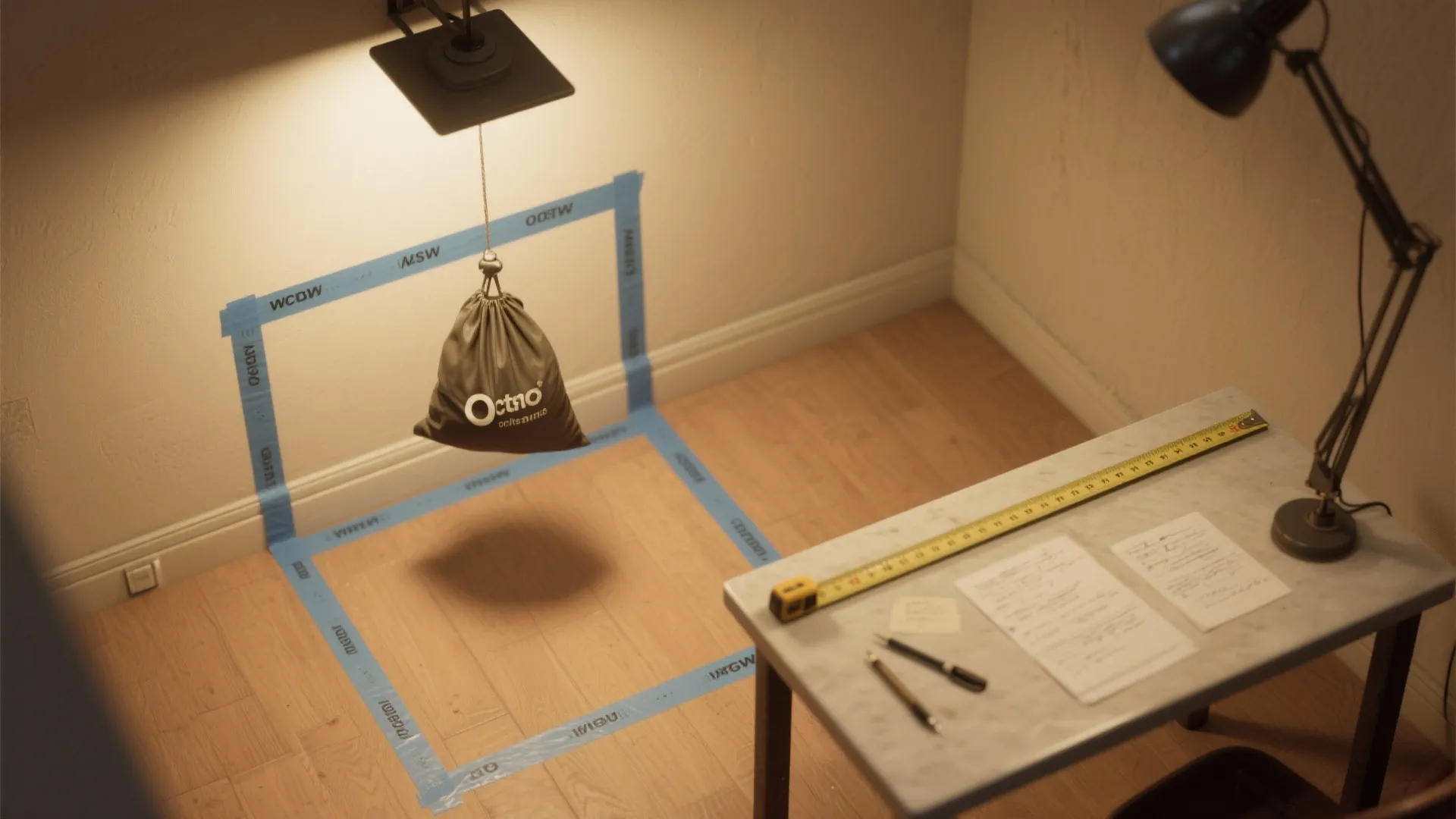 Top-down mock-up with tape footprint and a hanging bag simulating a fixture to test scale and drop height.