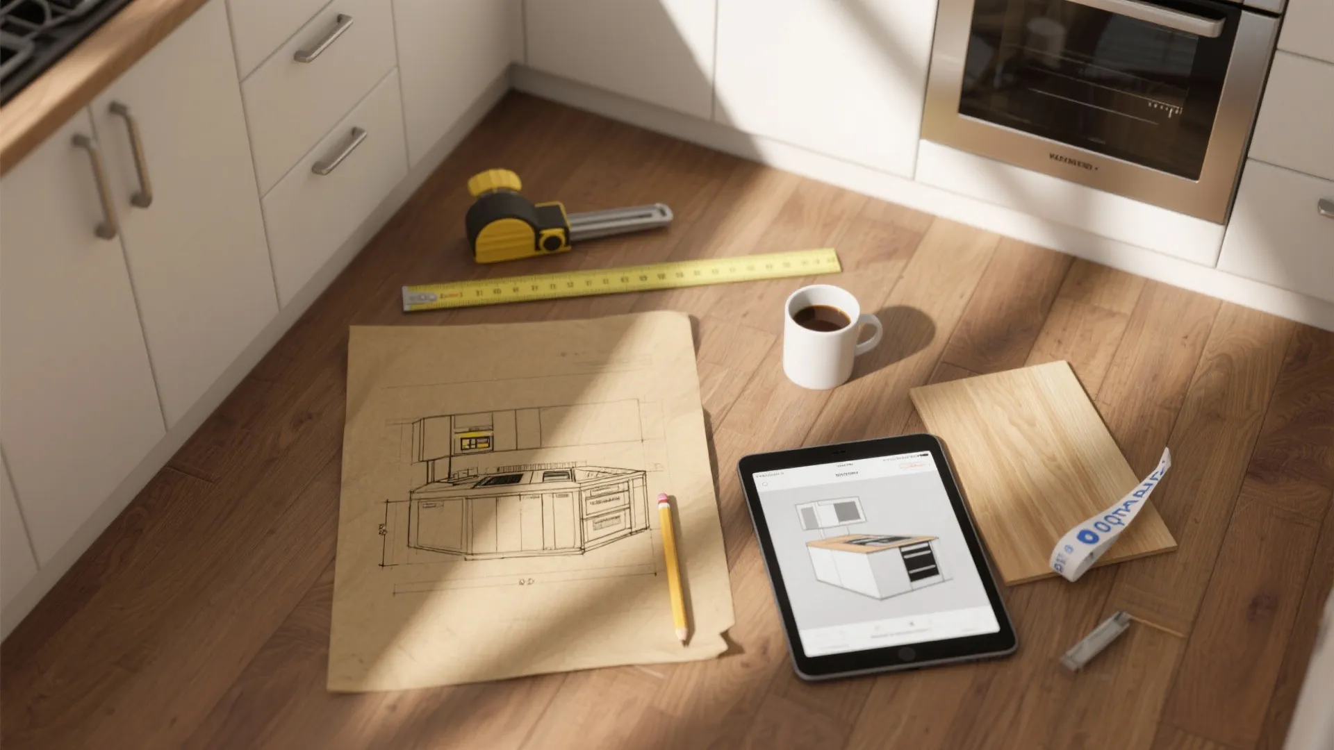 Kitchen interior design drawing on paper next to a tablet and tools on wood floor