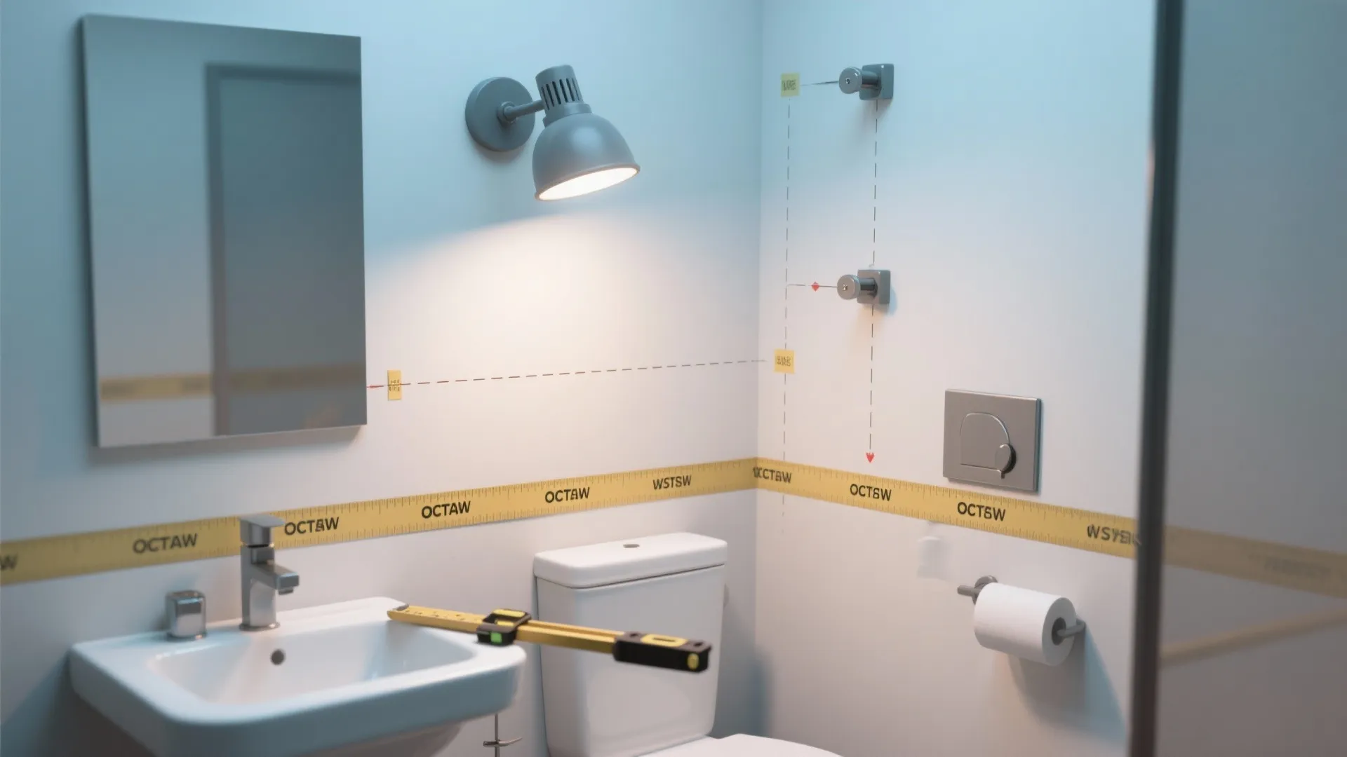 Bathroom mock-up with tape marking fixture positions and a temporary clamp light for testing