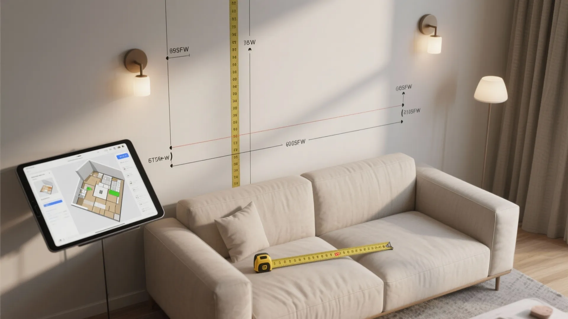 Mock-up of taped fixture heights on a living room wall with a 3D floor planner on a tablet.