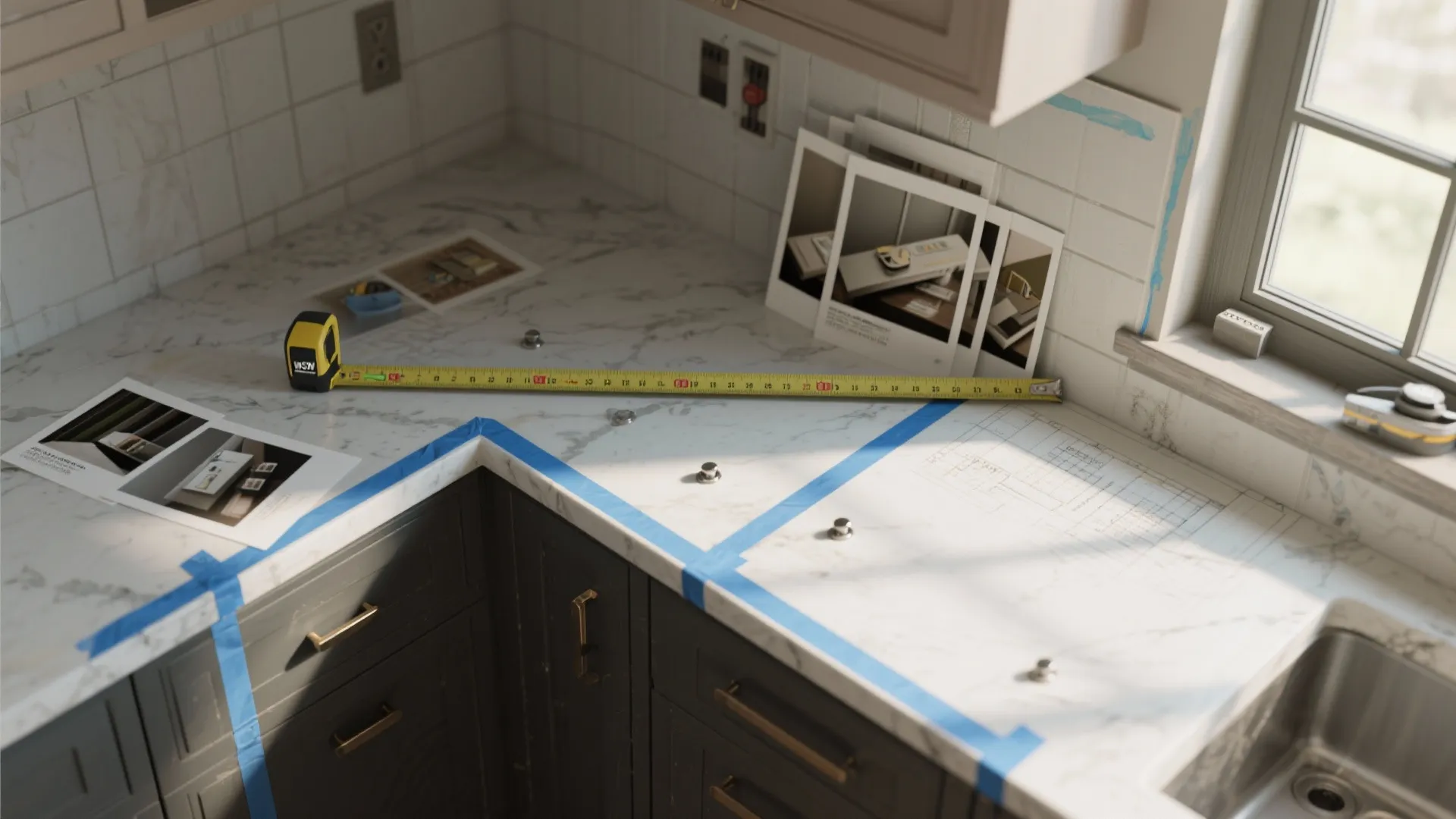 Tape measure on marble kitchen counter with blue tape marking cabinet layout and interior design drawings
