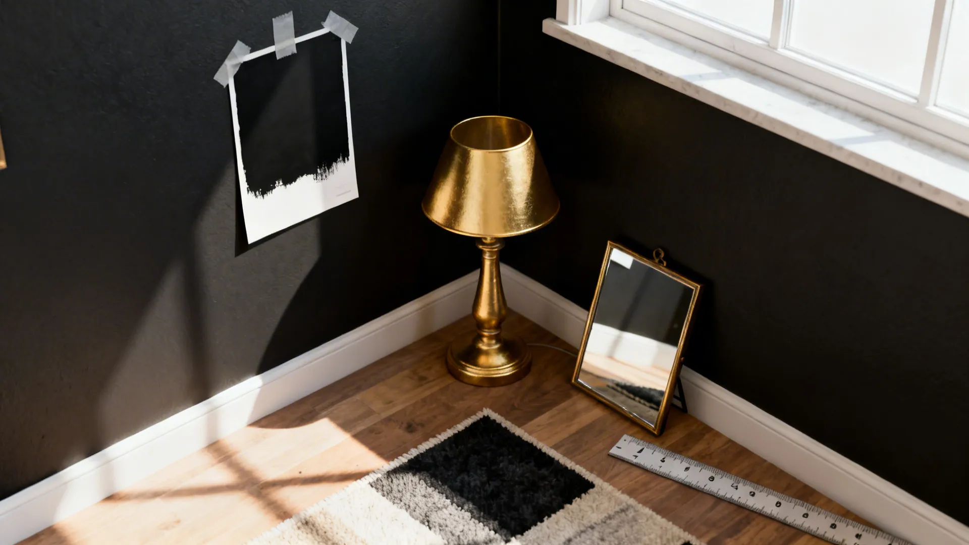 Top-down mockup of a small test corner with matte black paint sample and gold-spray lamp.