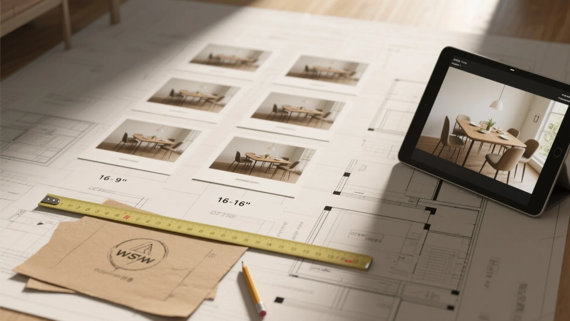 Interior design drawing on a table with ruler and tablet showing a 3D room render