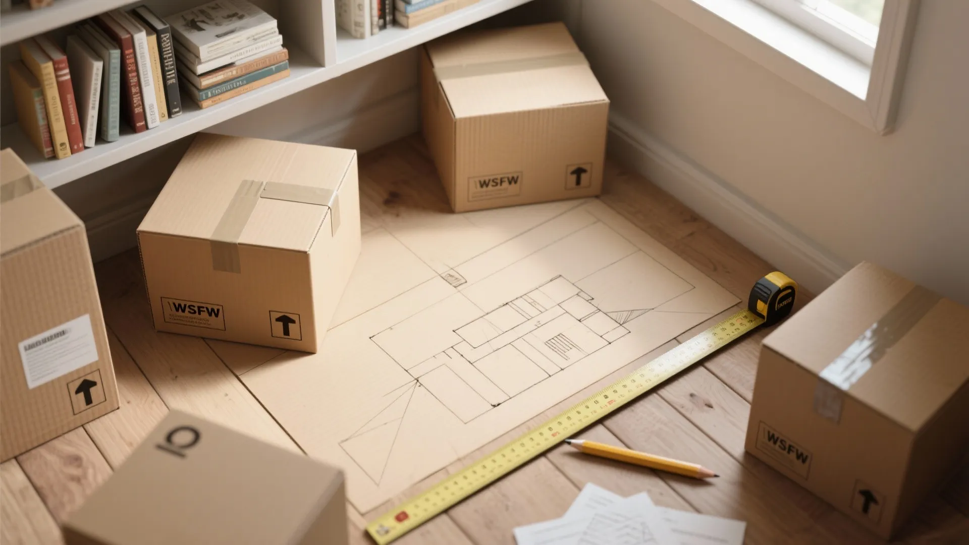 Top-down mockup of cardboard boxes and taped outlines with measuring tape for planning shelf placement.