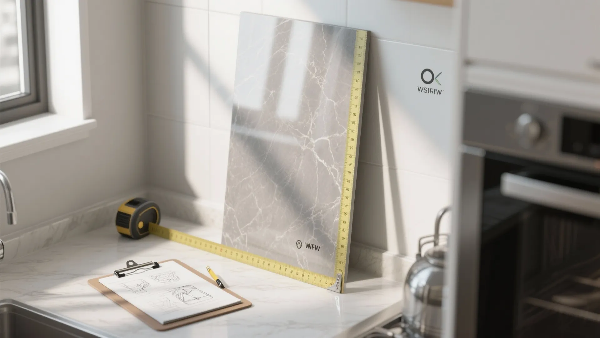 Kitchen counter with marble sample measuring tape clipboard pencil and oven during an interior design project