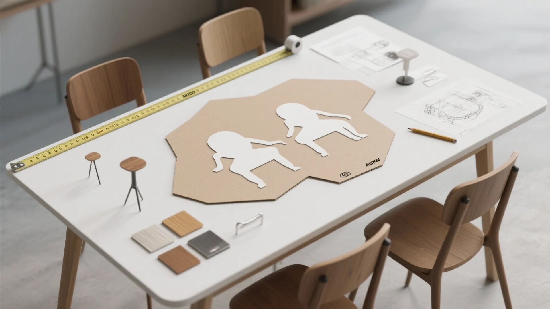 Interior design drawing on table with yellow measuring tape wooden chairs paper cutout and samples