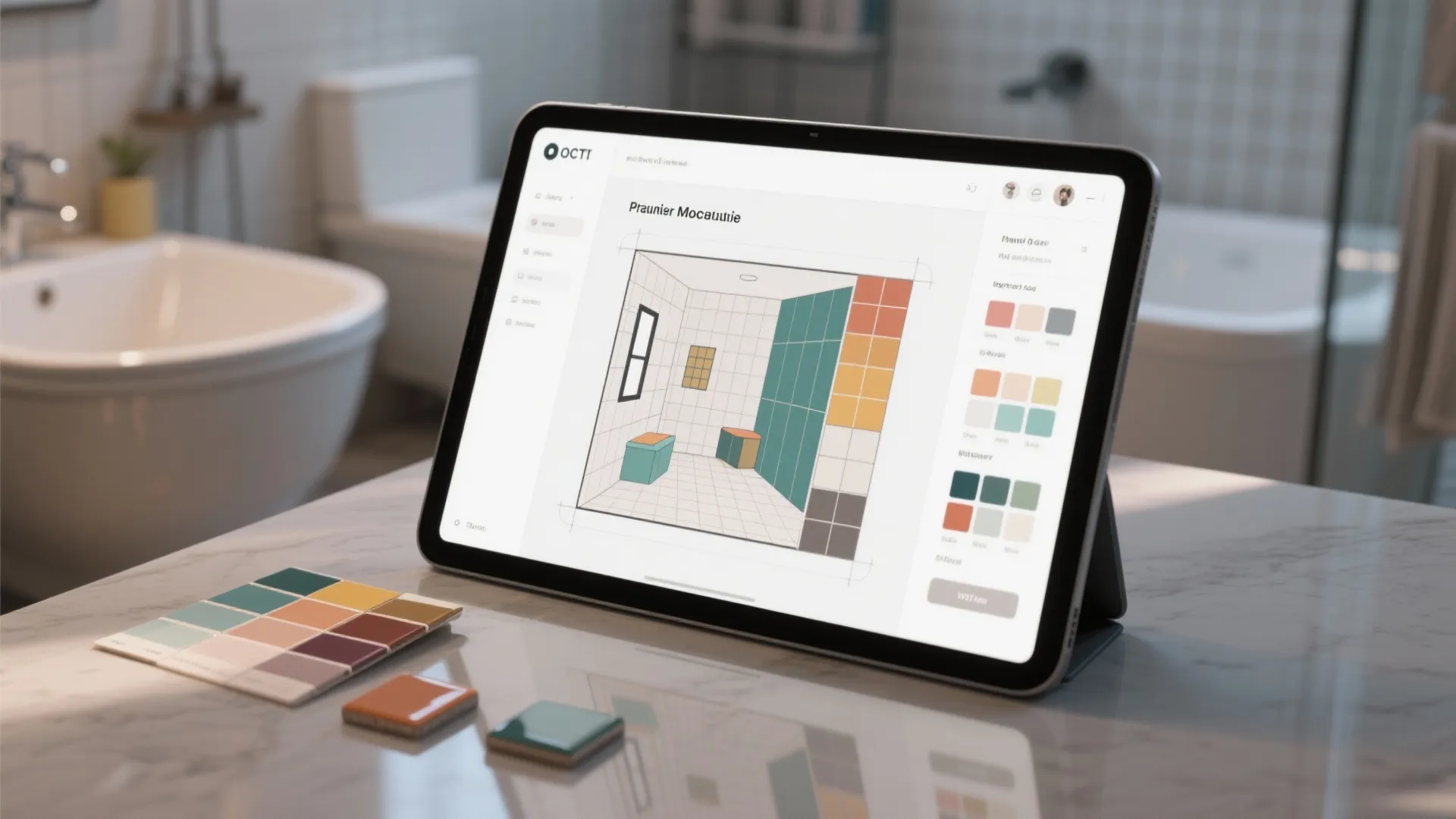 Tablet showing a room-planner mockup of painted tiles with color swatches and sample tiles beside it.
