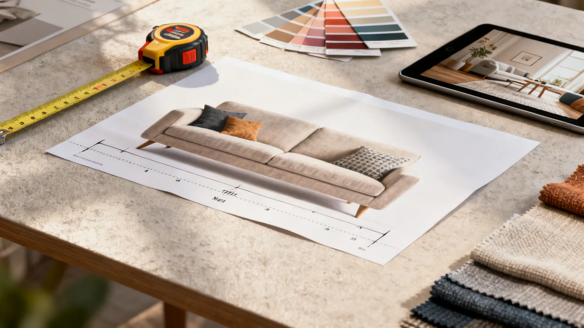 Flatlay of mockup tools: tape measure, paper mockup, color swatches and tablet for testing art scale and placement.