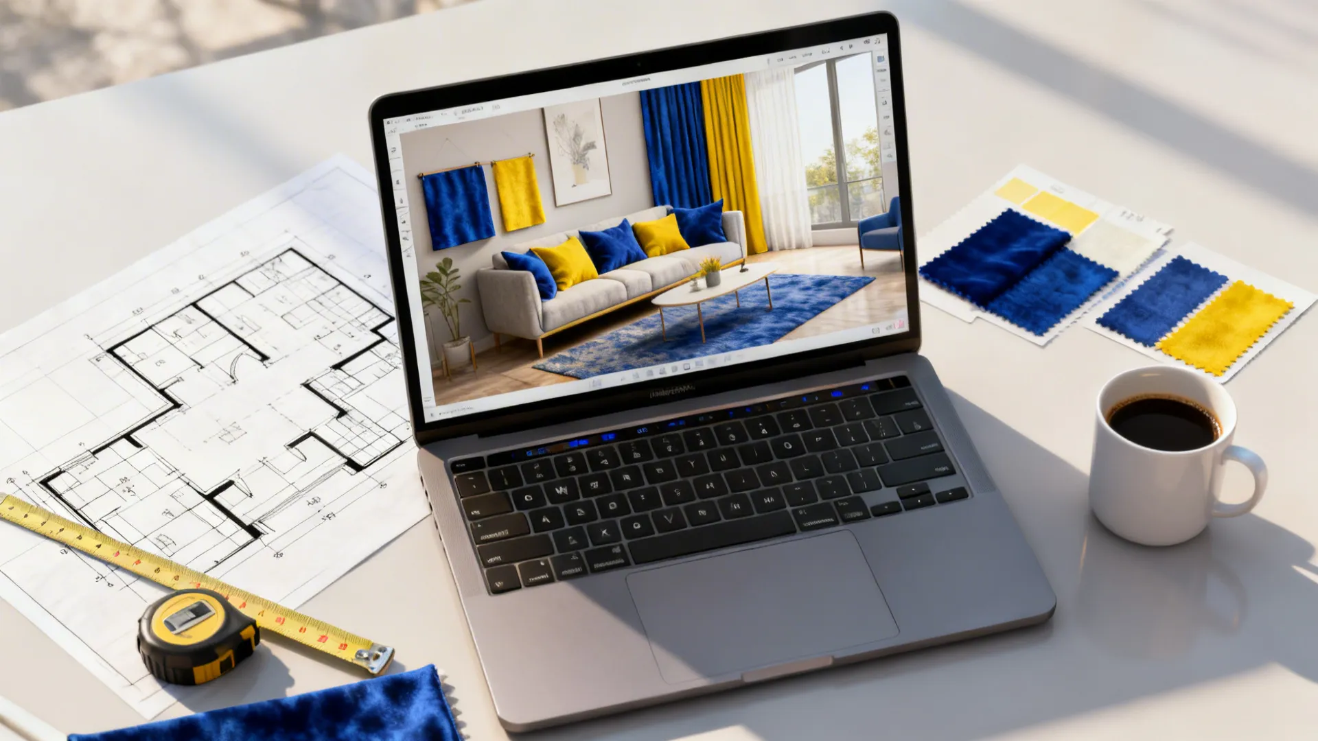 Laptop showing a 3D room mockup with blue and yellow fabric swatches and floor plan