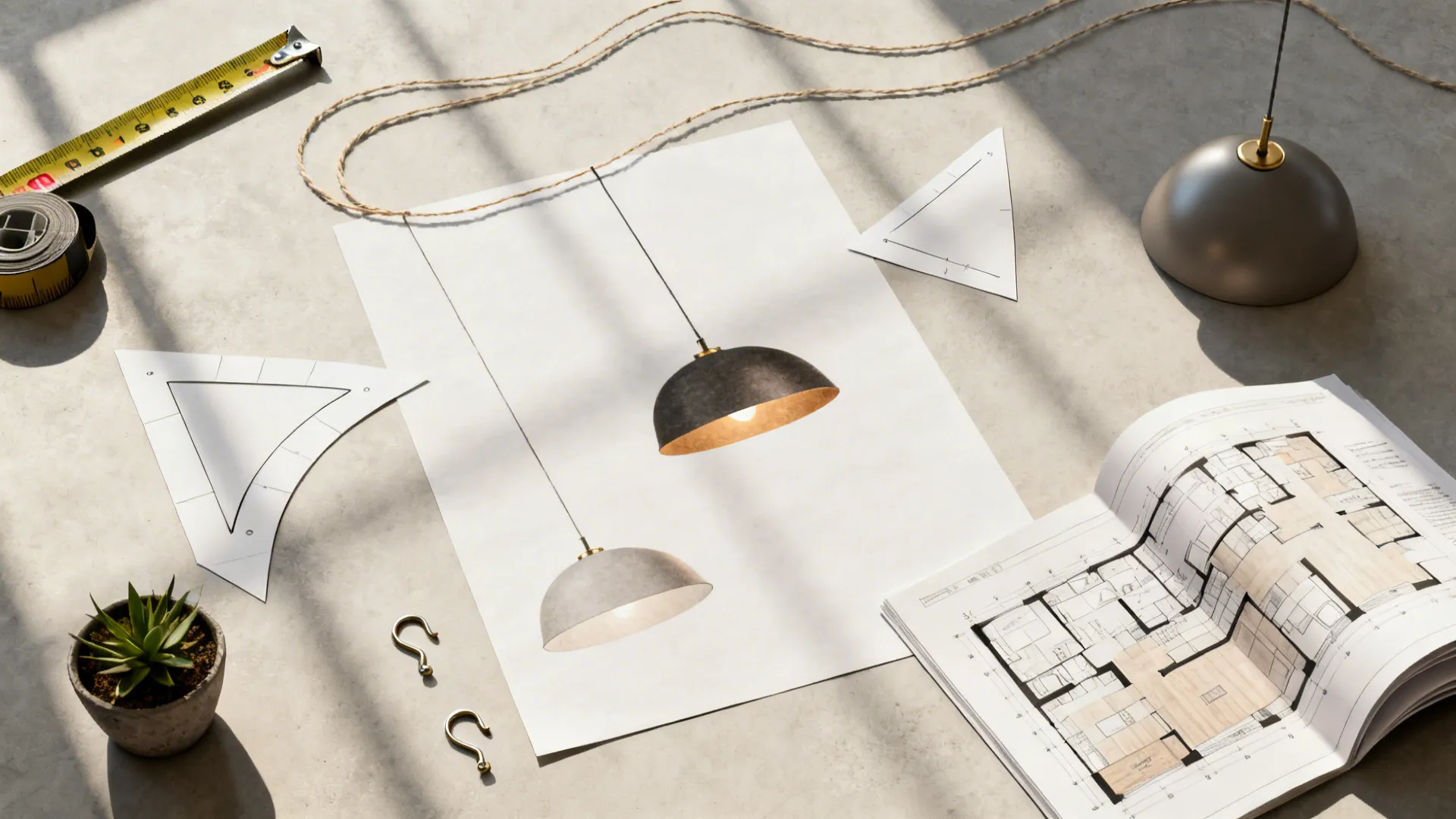 Flatlay of measuring tools, paper templates, and sample shades used to test hanging placements.