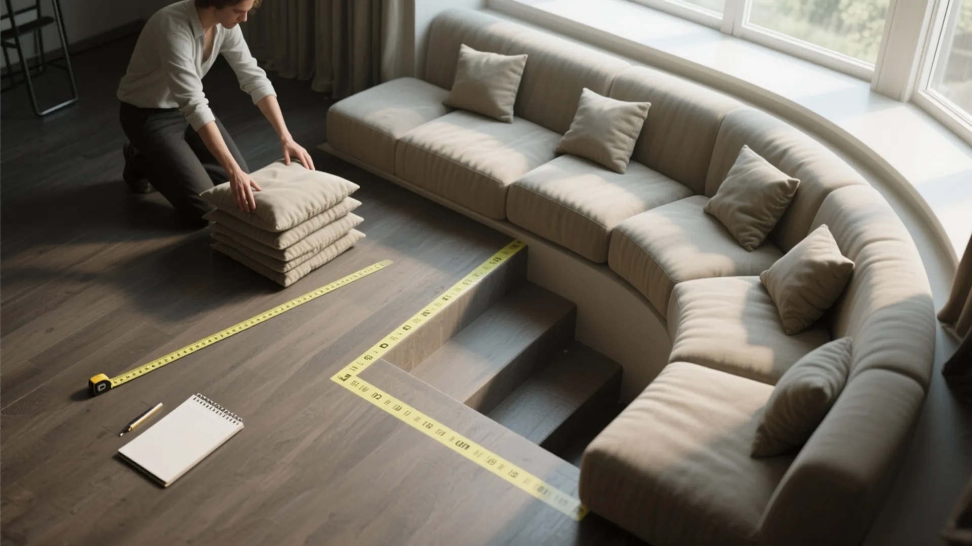 Person measuring floor space near curved sofa using yellow tape measure for interior design planning